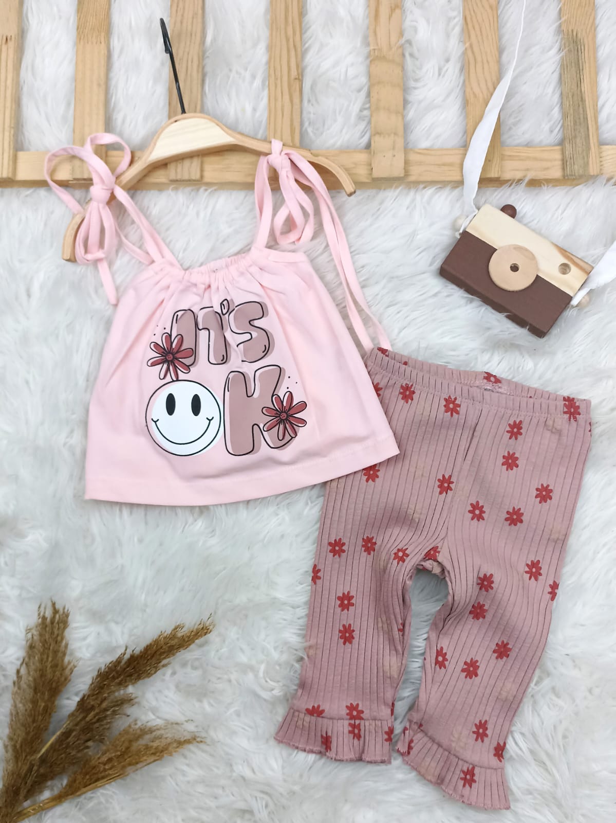 1652 ITS OK YAZILI İP ASKILI TAYTLI TAKIM  - Pembe / 9-12 Ay