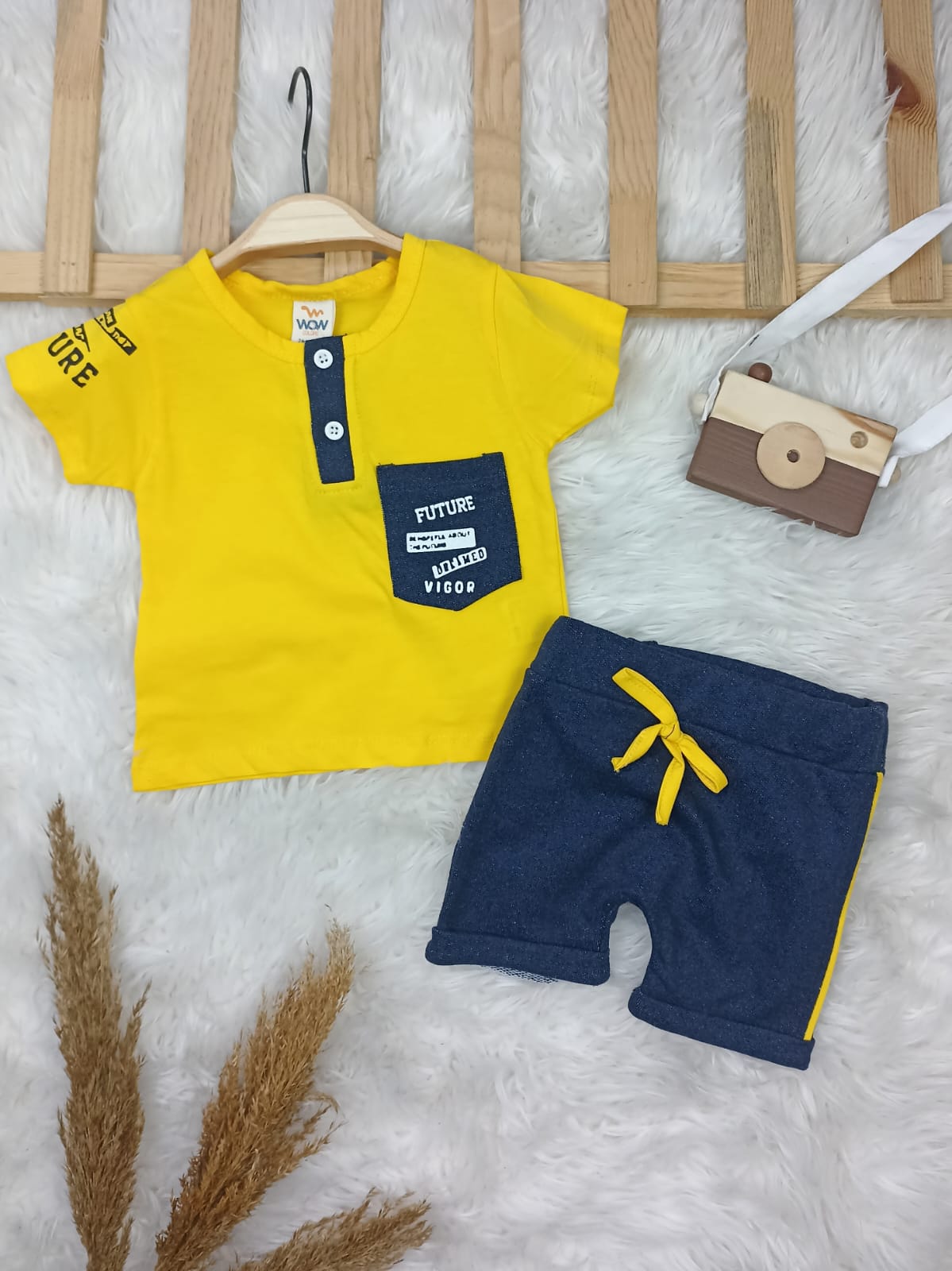 TKM-1113 Düğme Cep Detaylı Şortlu Takım  - Mavi / 18-24 Ay