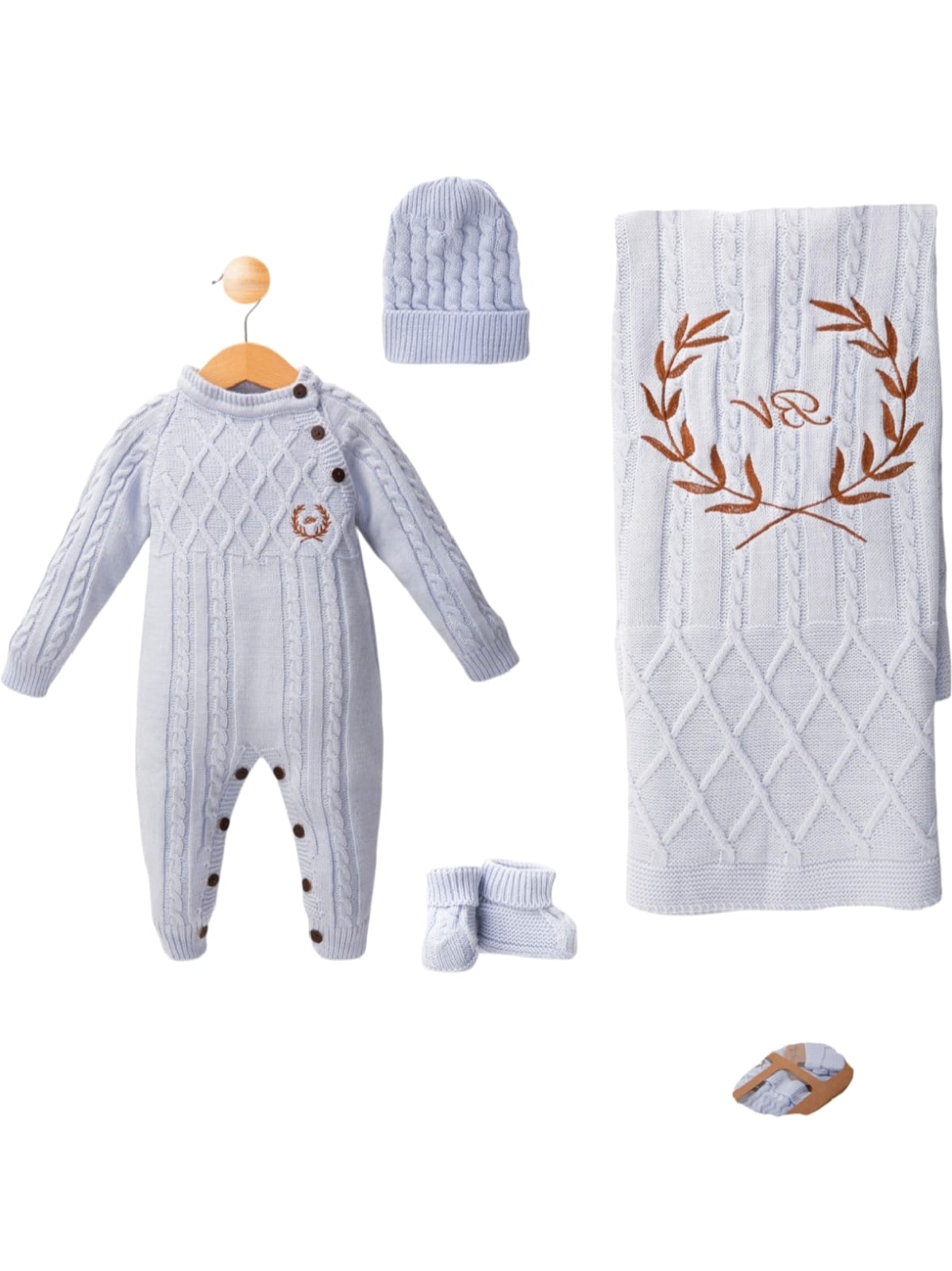 437717 ERKEK BEBEK BV ÇELENK NAKIŞLI TRİKO TULUMLU SET  - Mavi / 3-6 Ay