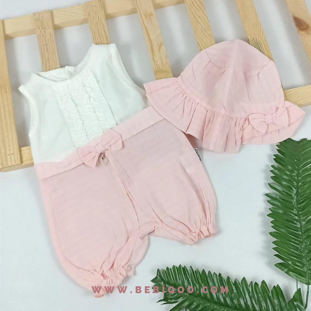 TLM-1963 Fırfırlı Fiyonklu Şapkalı Tulum  - Pembe / 0-3