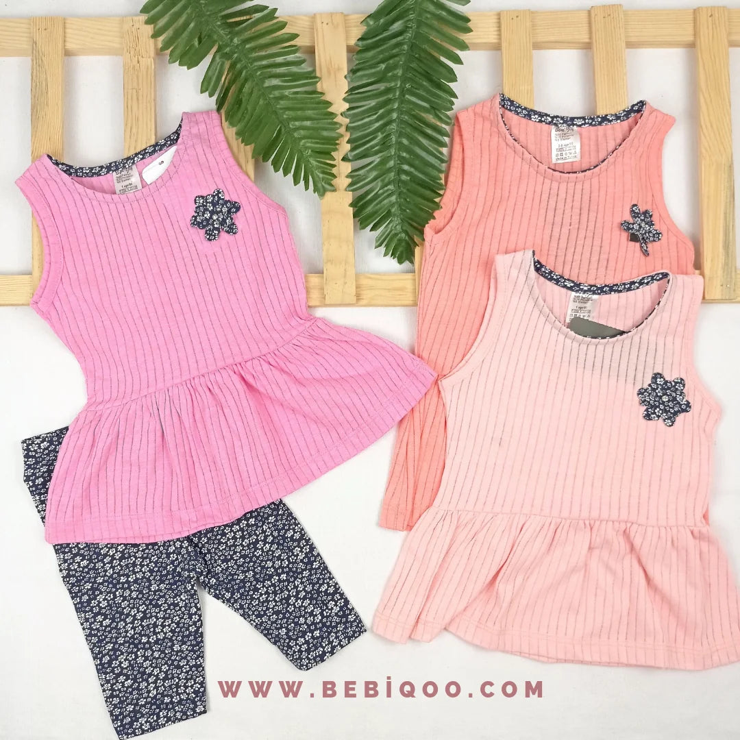 TKM-1522 Fitil Kumaş Askılı Çiçekli Taytlı Takım - Pembe / 9-12