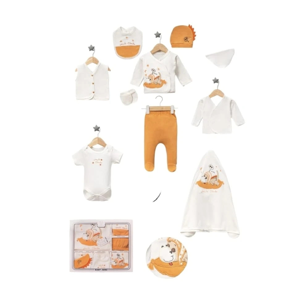 421719 DİNO NAKIŞLI 10'LU HASTANE ÇIKIŞI SETİ - Turuncu / 0-3 Ay