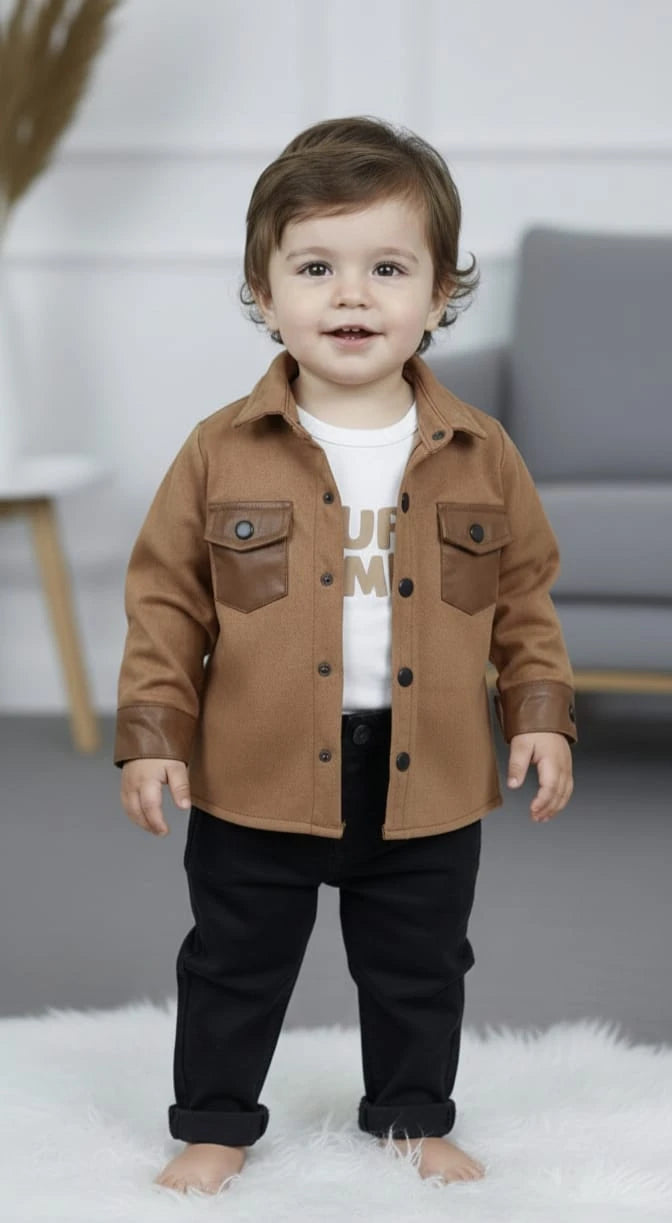 1140 NUBUK CEKETLİ KOT PANTOLONLU TAKIM  - Kahve / 6-9