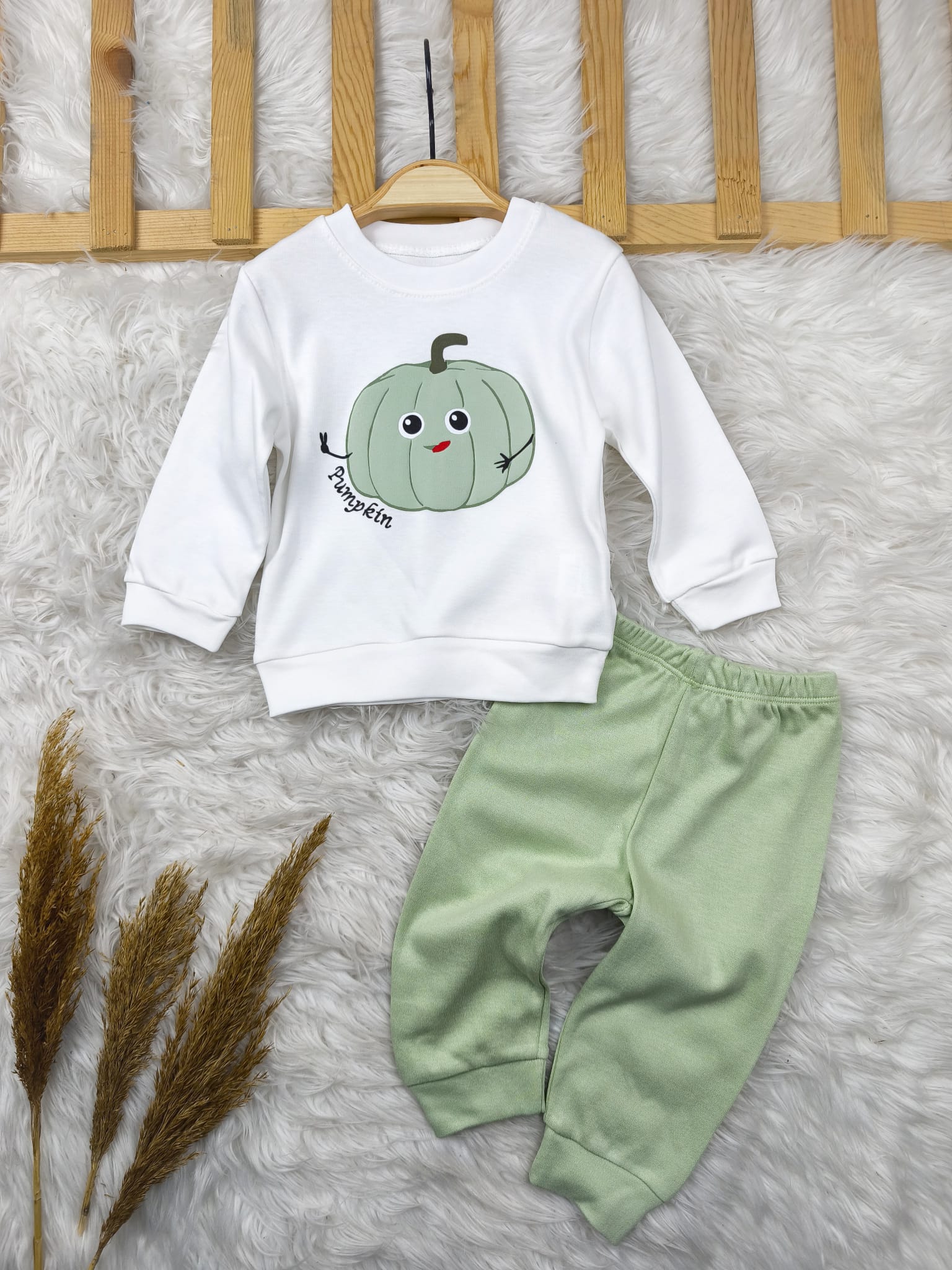 1864 KABAK KABARTMA BASKI MEVSİMLİK TAKIM  - Yeşil / 6-9 Ay