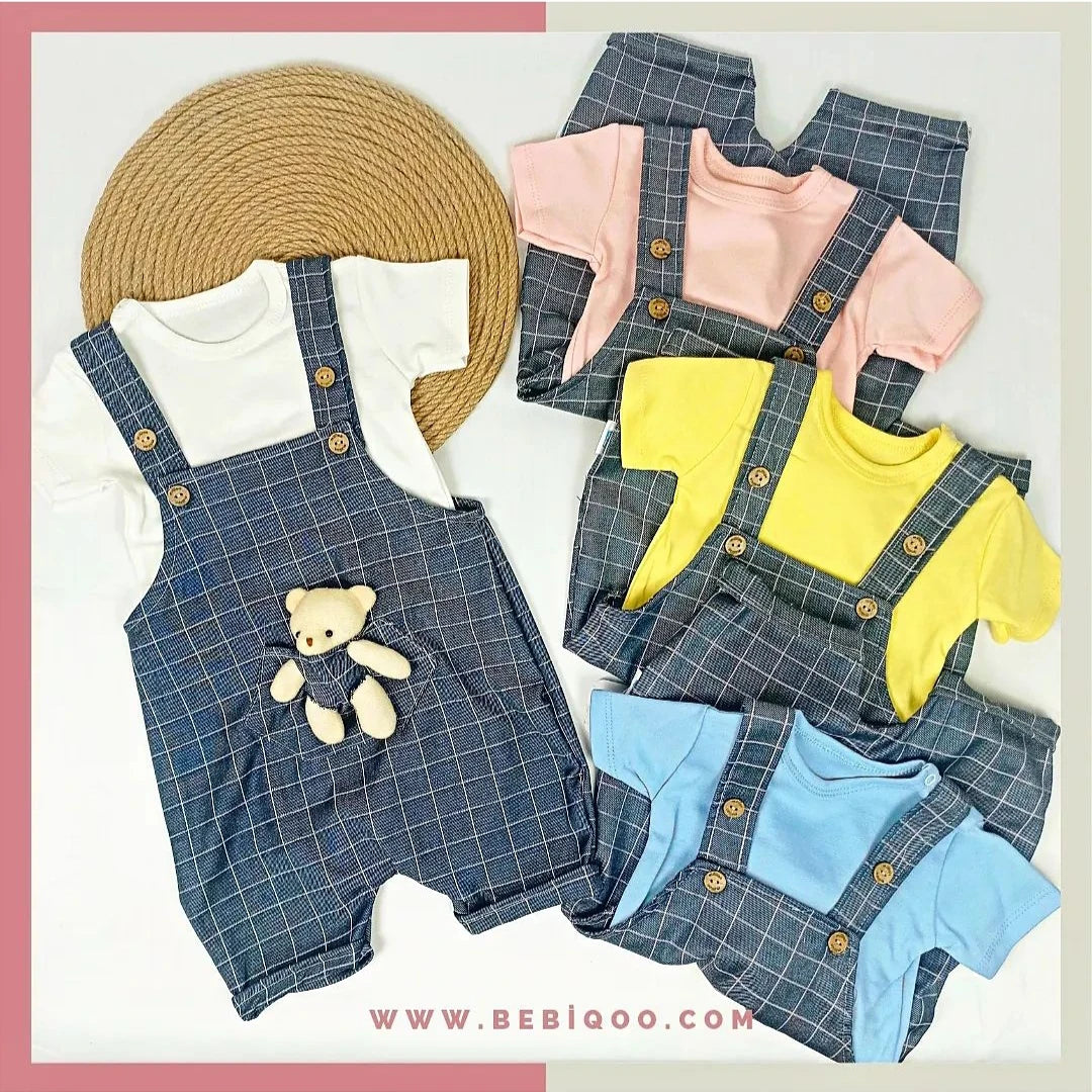 TLM-8098 Ayıcık Oyuncaklı Ekoseli Slopet Tulum  - 3-6 / Ekru