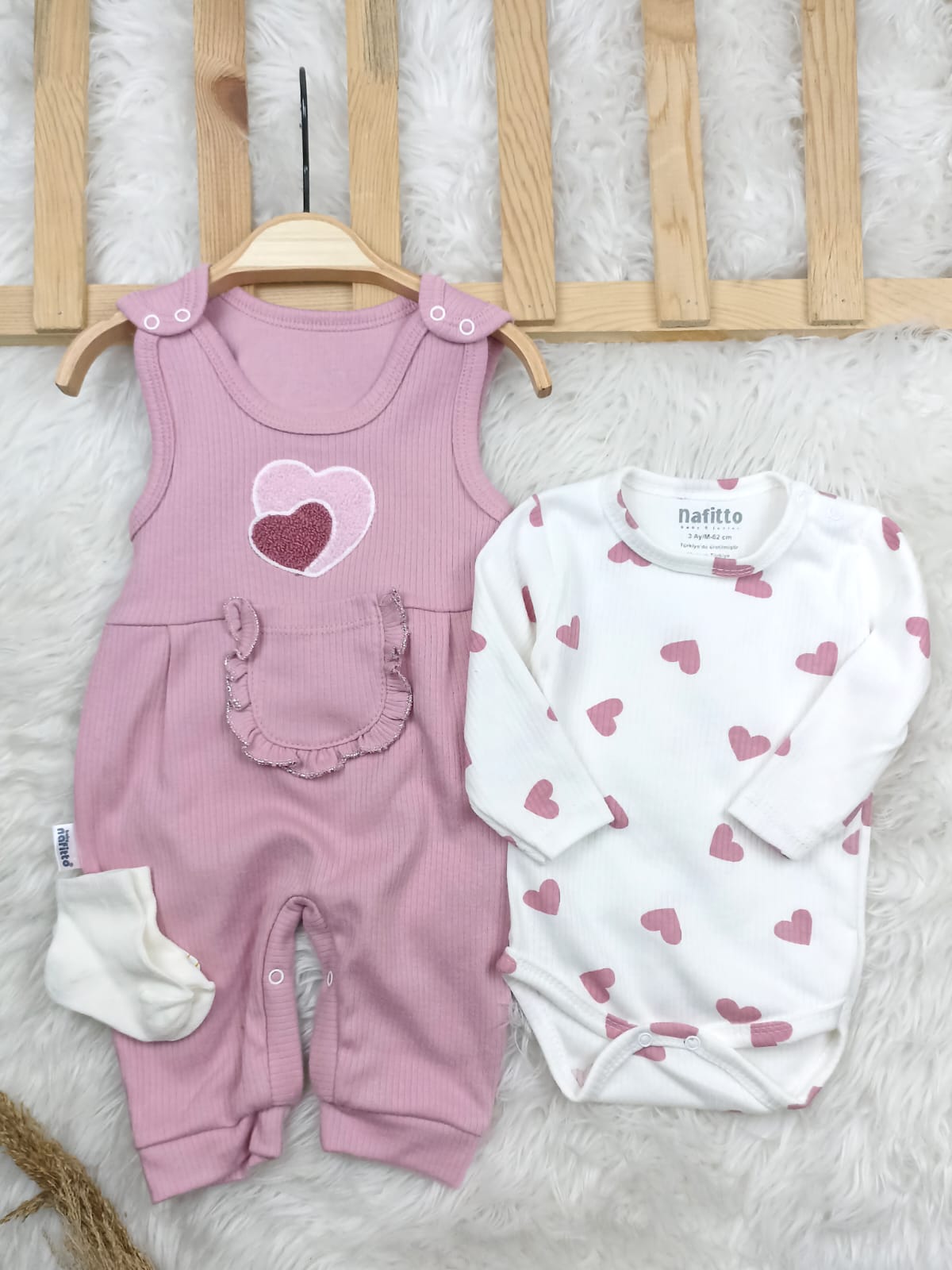 1457 KALP NAKIŞLI ÖNDEN CEPLİ SLOPET TULUM SETİ  - Somon / 6-9 Ay