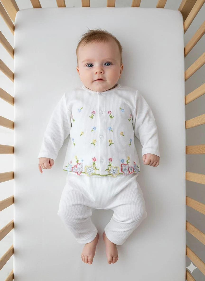 1922 ÇİÇEK NAKIŞ DETAYLI ÖNDEN ÇITÇITLI TAKIM  - Ekru / 0-3 Ay