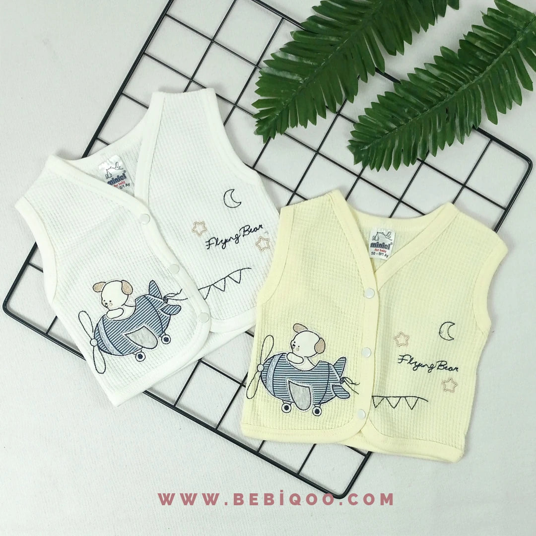 YLK-0258 Uçaklı Ayıcık Nakışlı Penye Yelek - Sarı / 0-1