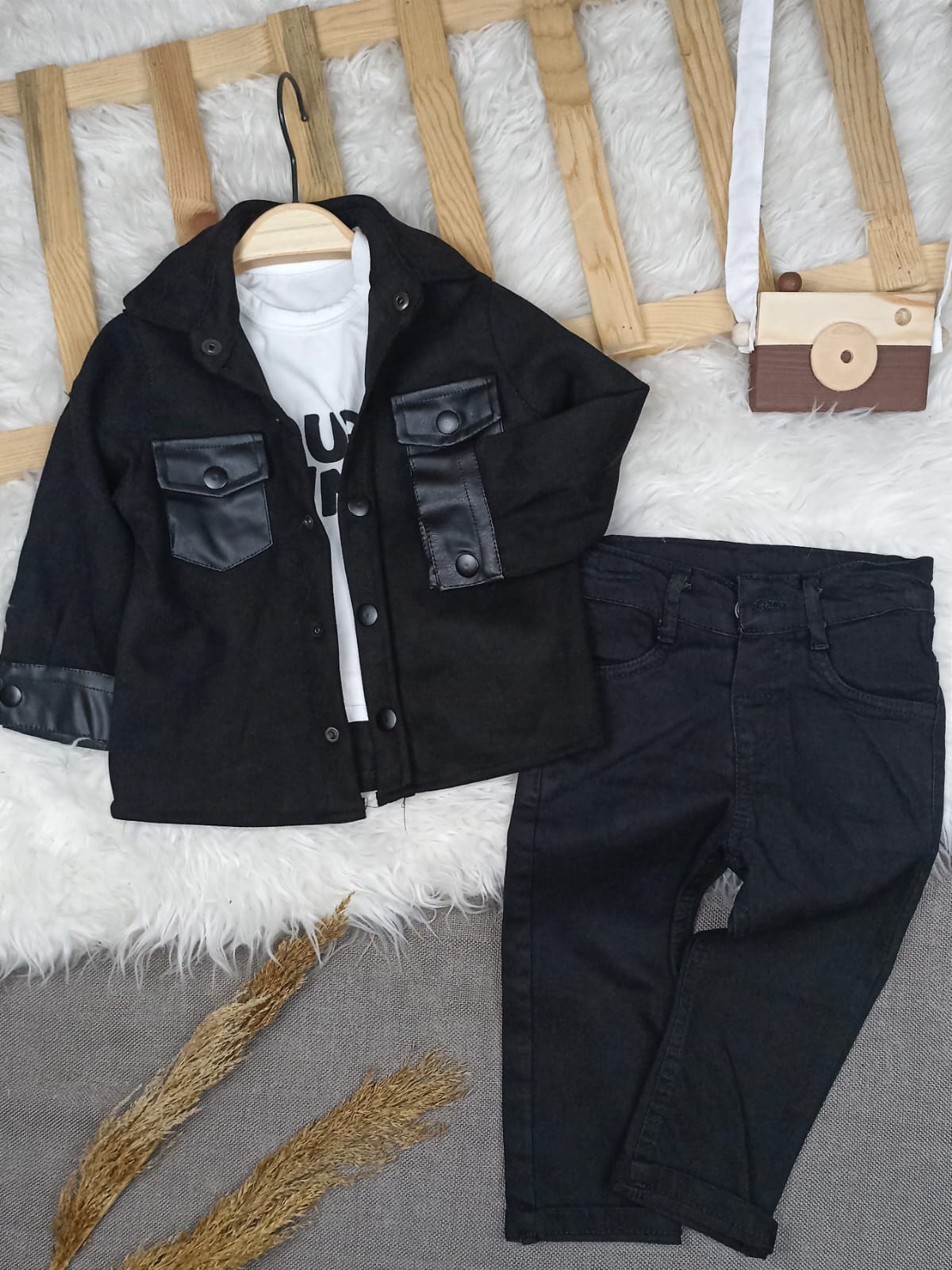 1140 NUBUK CEKETLİ KOT PANTOLONLU TAKIM  - Siyah / 12-18