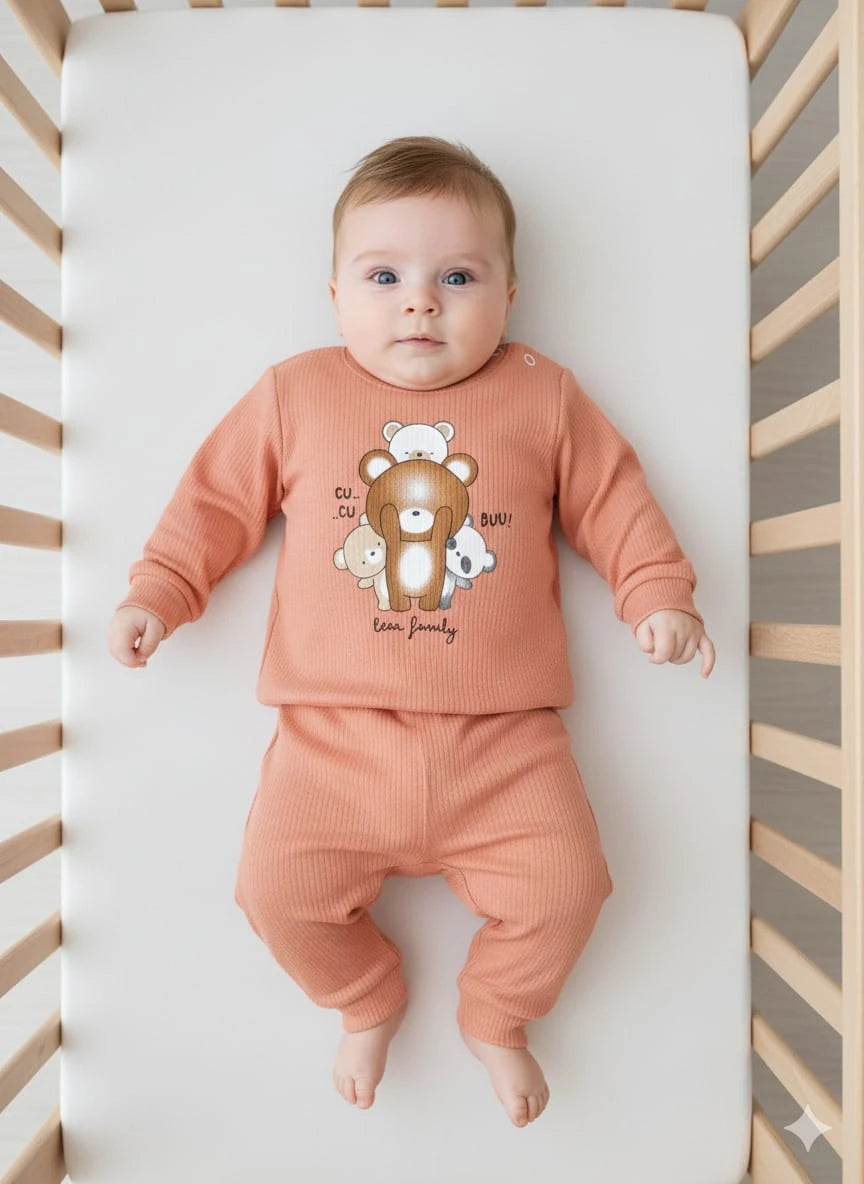 1920 SEVİMLİK AYICIKLAR PENYE TAKIM  - Kiremit / 0-3 Ay