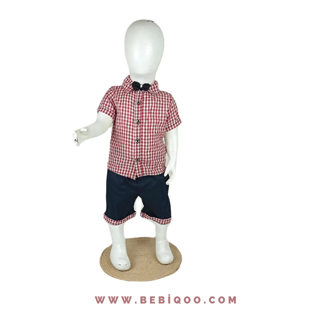 1831 PAPYONLU KARELİ GÖMLEKLİ ŞORTLU TAKIM  - Pembe / 4 Yaş