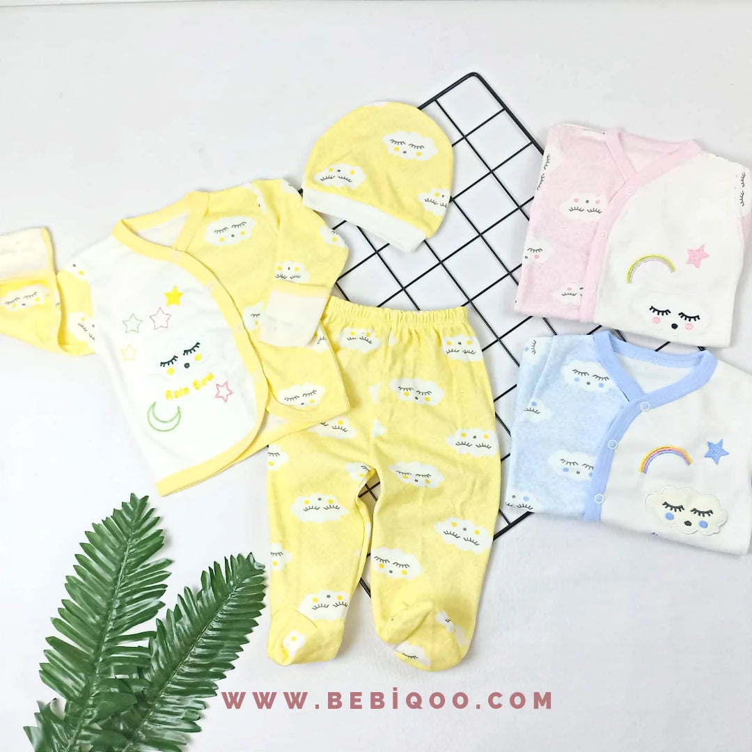 ZBN-2403 BULUT DESENLİ KENDİNDEN ELDİVENLİ ZIBIN SETİ  - Sarı