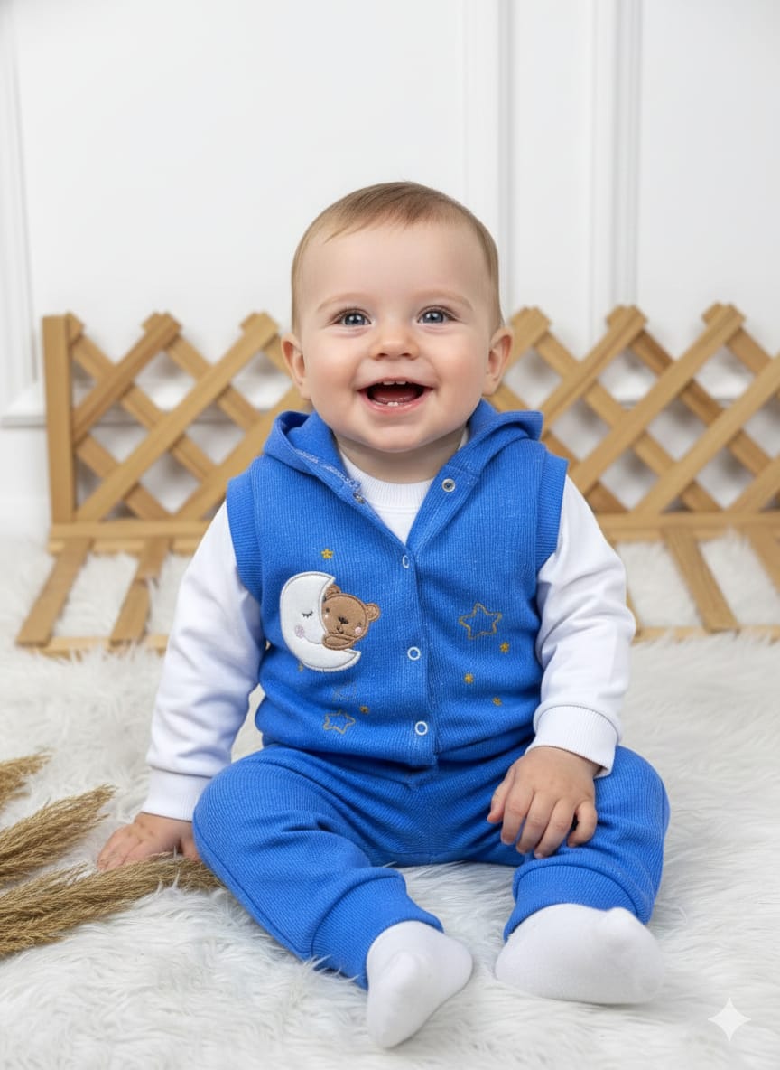 1943 RİBANA KAŞKORSE NAKIŞLI KAPŞONLU YELEKLİ TAKIM  - Saks mavi / 9-12 Ay