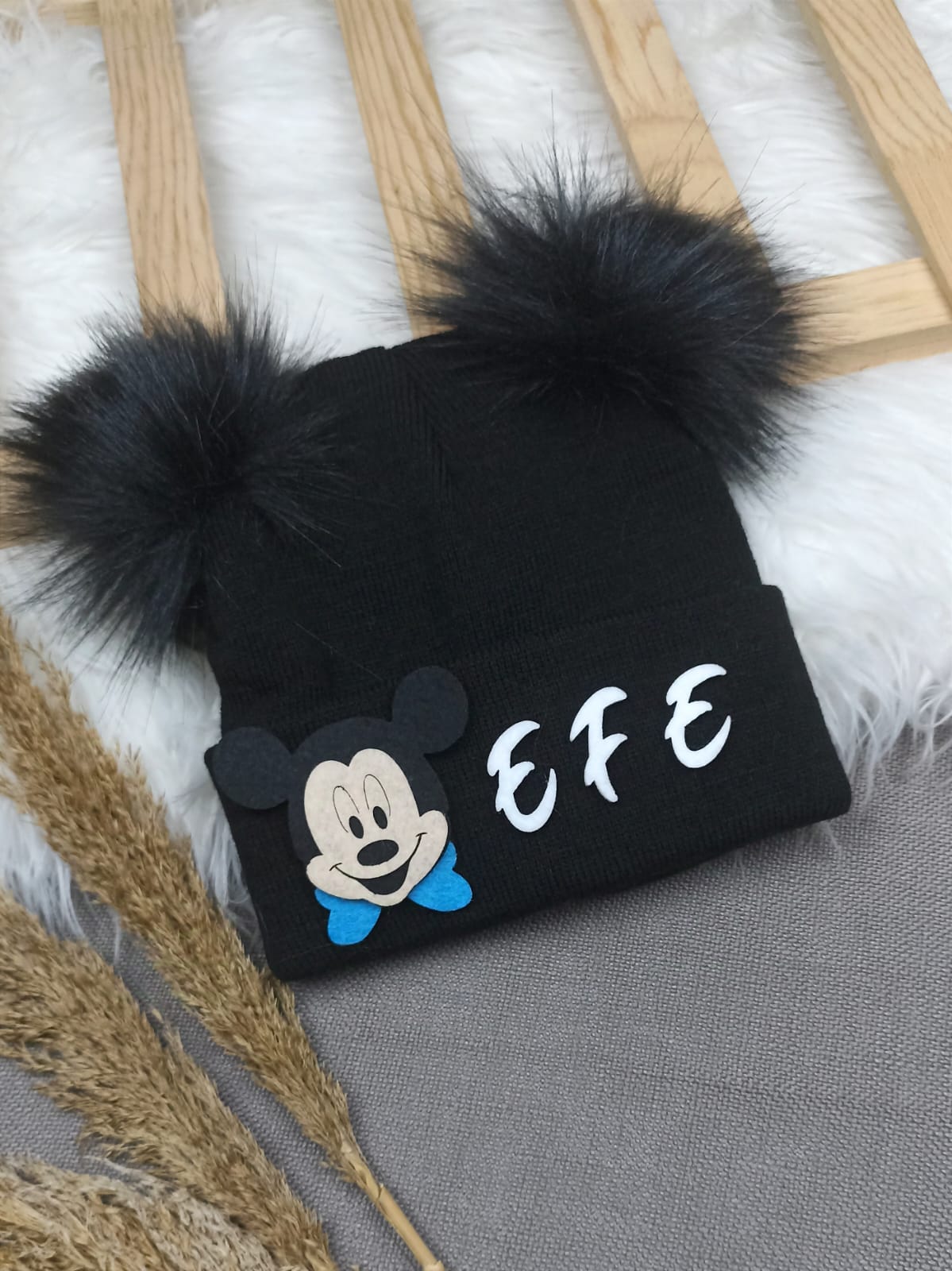 B0315 SİYAHA SİYAH  ERKEK PONPON İSME ÖZEL TRİKO BERE - 5