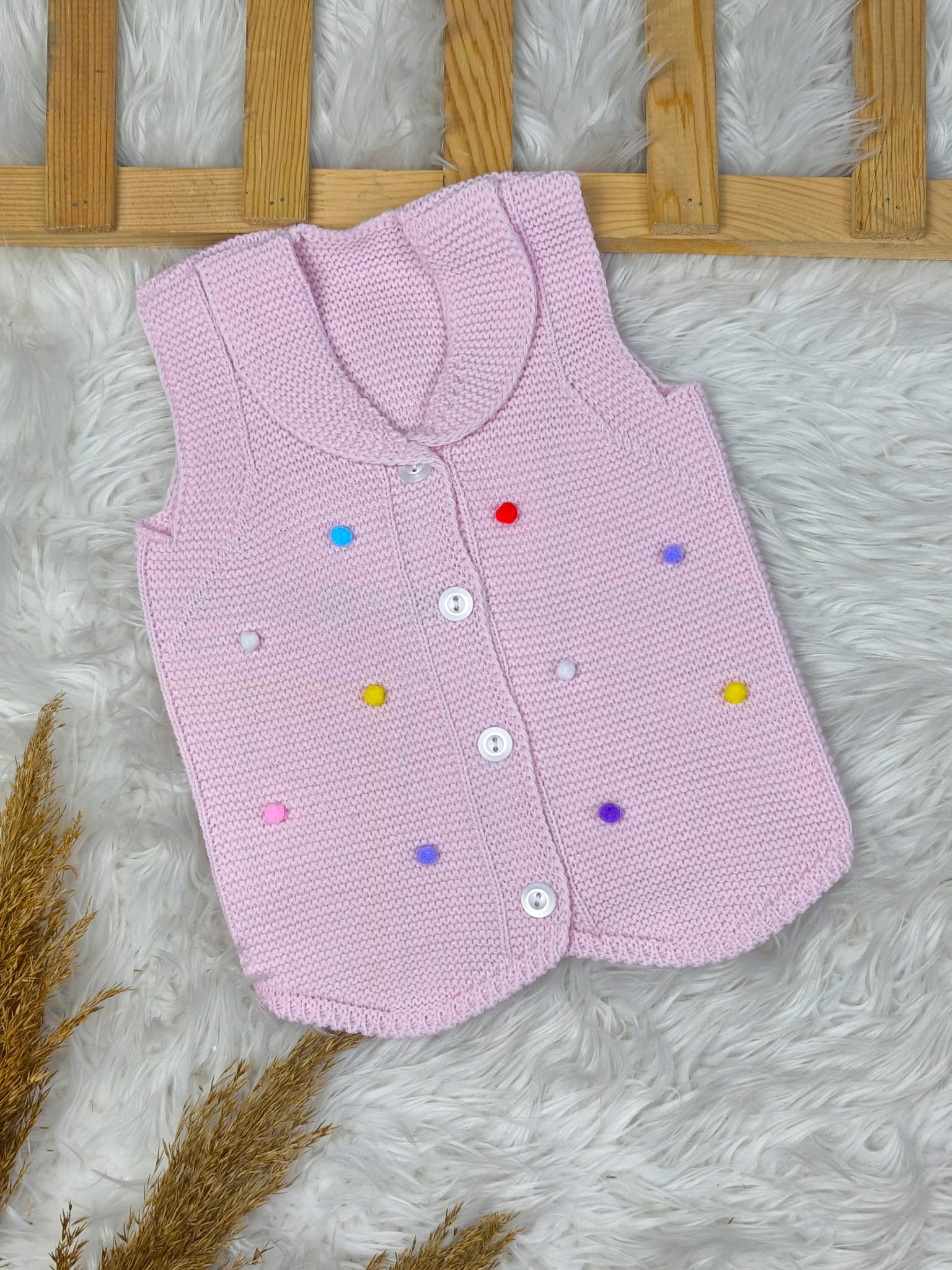 2574 PONPONLU TRİKO YELEK  - Fuşya / 3 Yaş