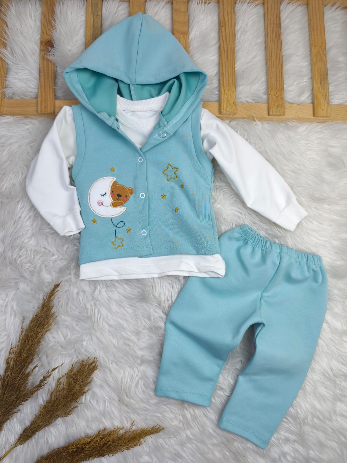 1891 KAPŞONLU YELEKLİ AY YILDIZ NAKIŞLI 3'LÜ TAKIM  - Fuşya / 18-24 Ay