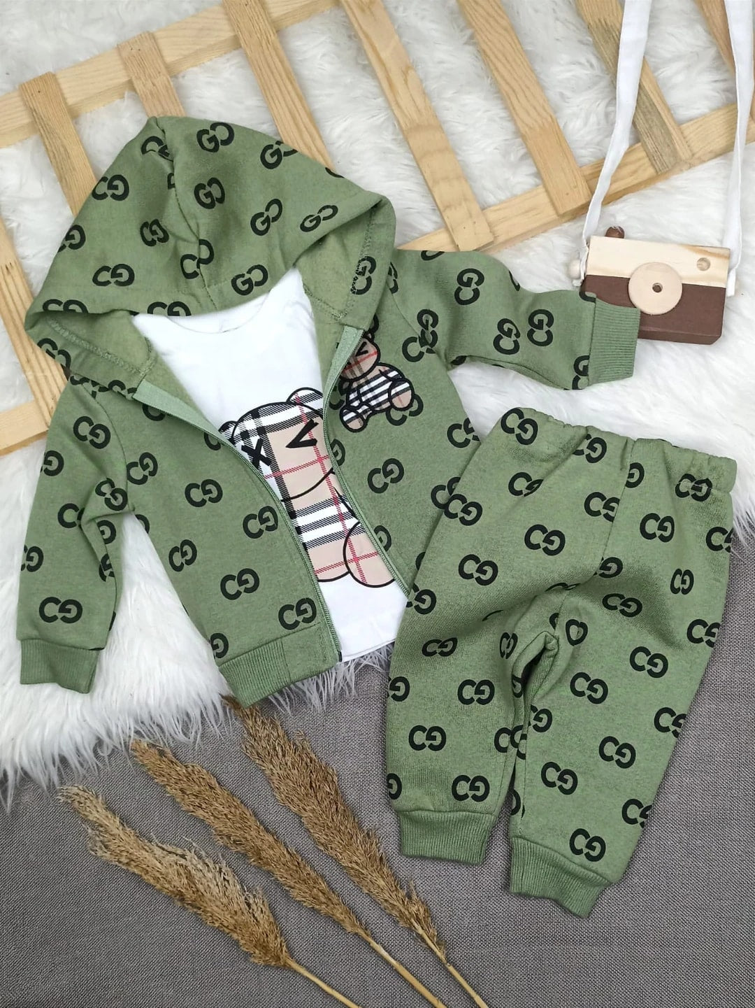 TKM-1515 GUCCİ 3 İP ŞARDONLU KAPŞONLU HIRKALI KIŞLIK TAKIM - Gri / 9-12 Ay