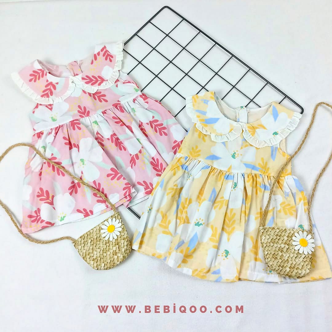 ELB-5558 Çiçek Desenli Çantalı Elbise  - Sarı / 9