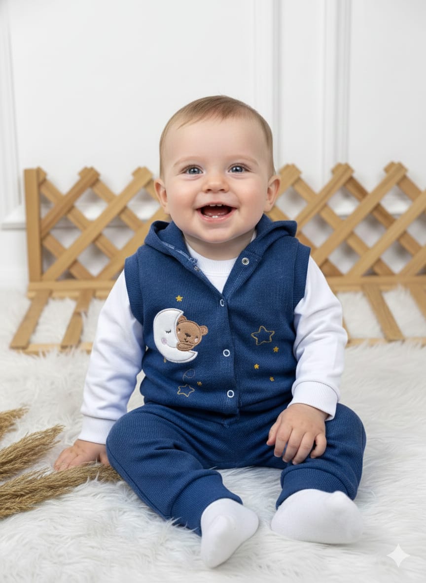 1943 RİBANA KAŞKORSE NAKIŞLI KAPŞONLU YELEKLİ TAKIM  - Lacivert / 9-12 Ay