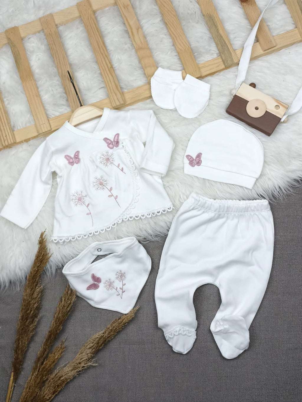 ZBN-2438 ÇİÇEK NAKIŞLI 5'Lİ HASTANE ÇIKIŞI SETİ  - 0-3