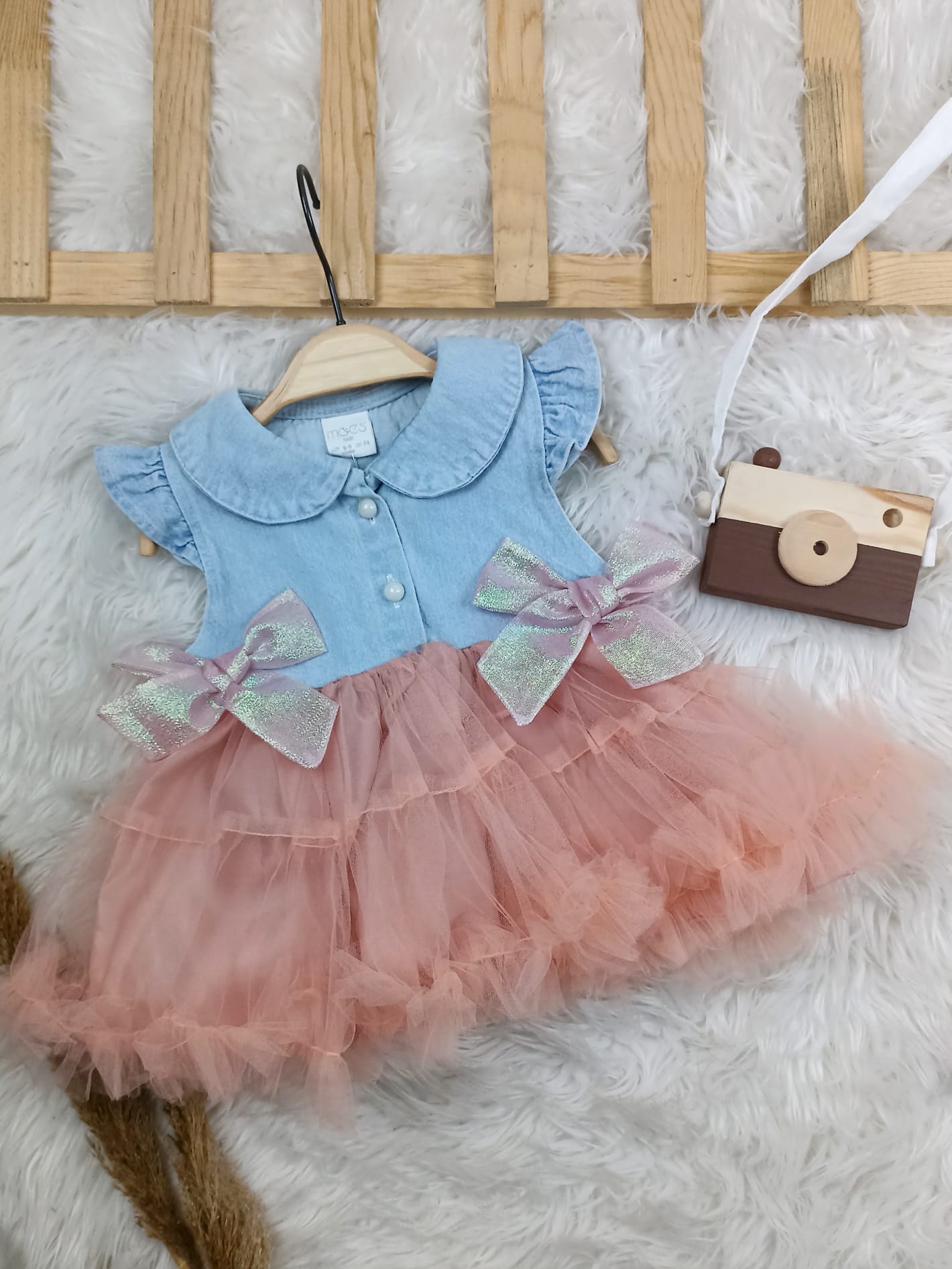 2315 KOT DETAYLI TÜTÜLÜ ELBİSE  - Pembe / 6-9 Ay