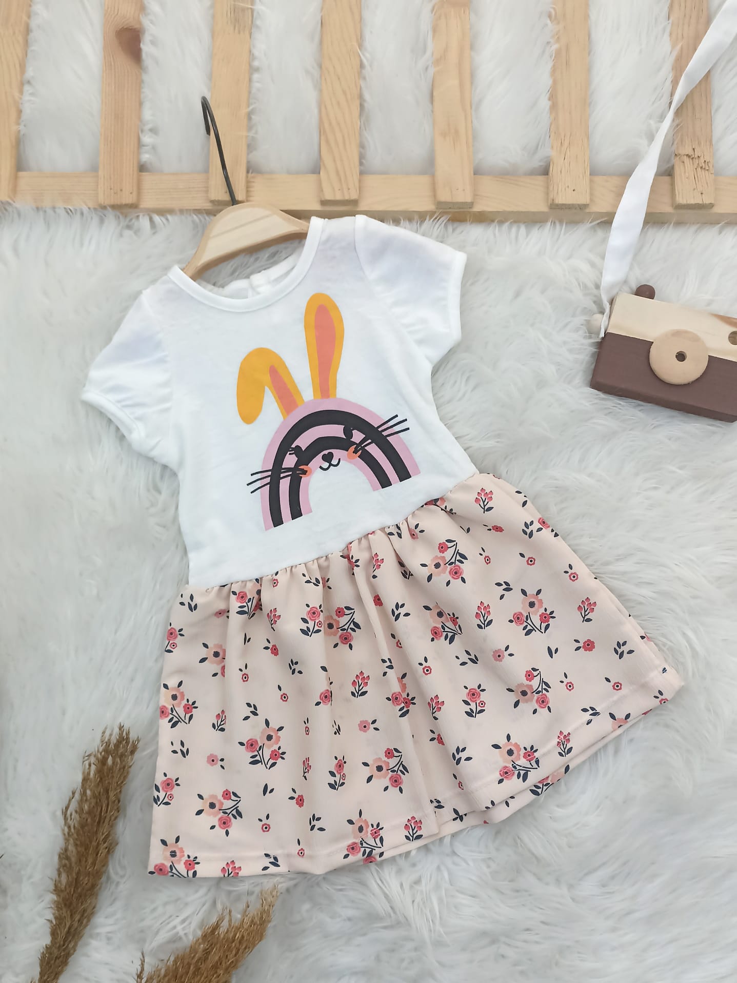 4448 TAVŞAN - ÇİÇEK DESEN PENYE ELBİSE  - Ekru / 9-12 Ay