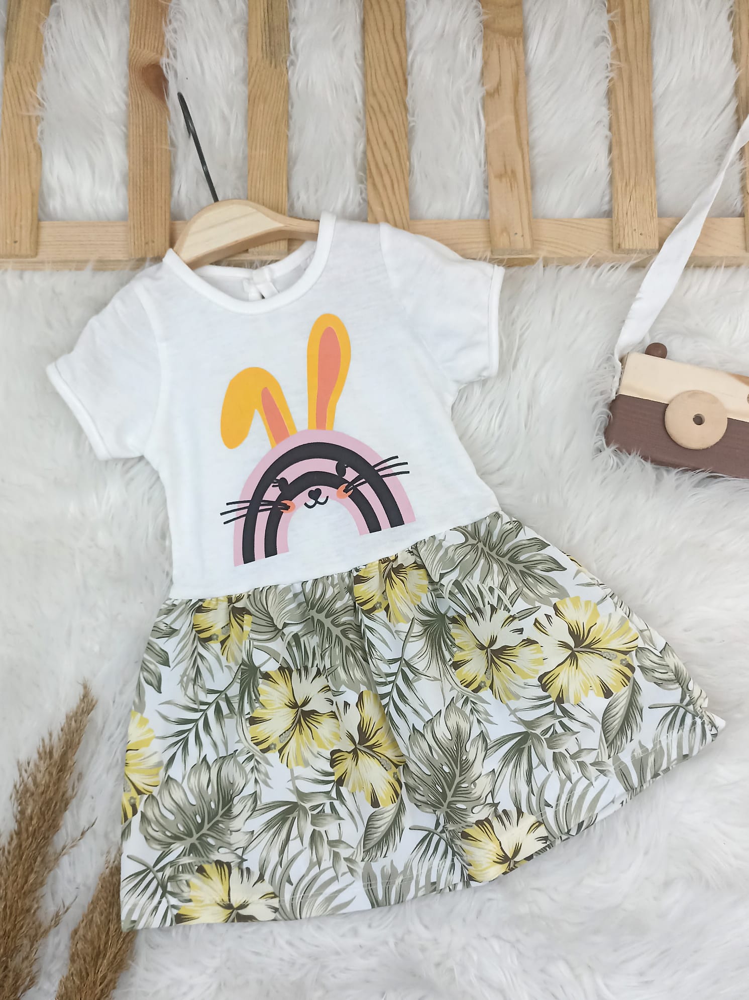 4448 TAVŞAN - ÇİÇEK DESEN PENYE ELBİSE  - Yeşil / 9-12 Ay