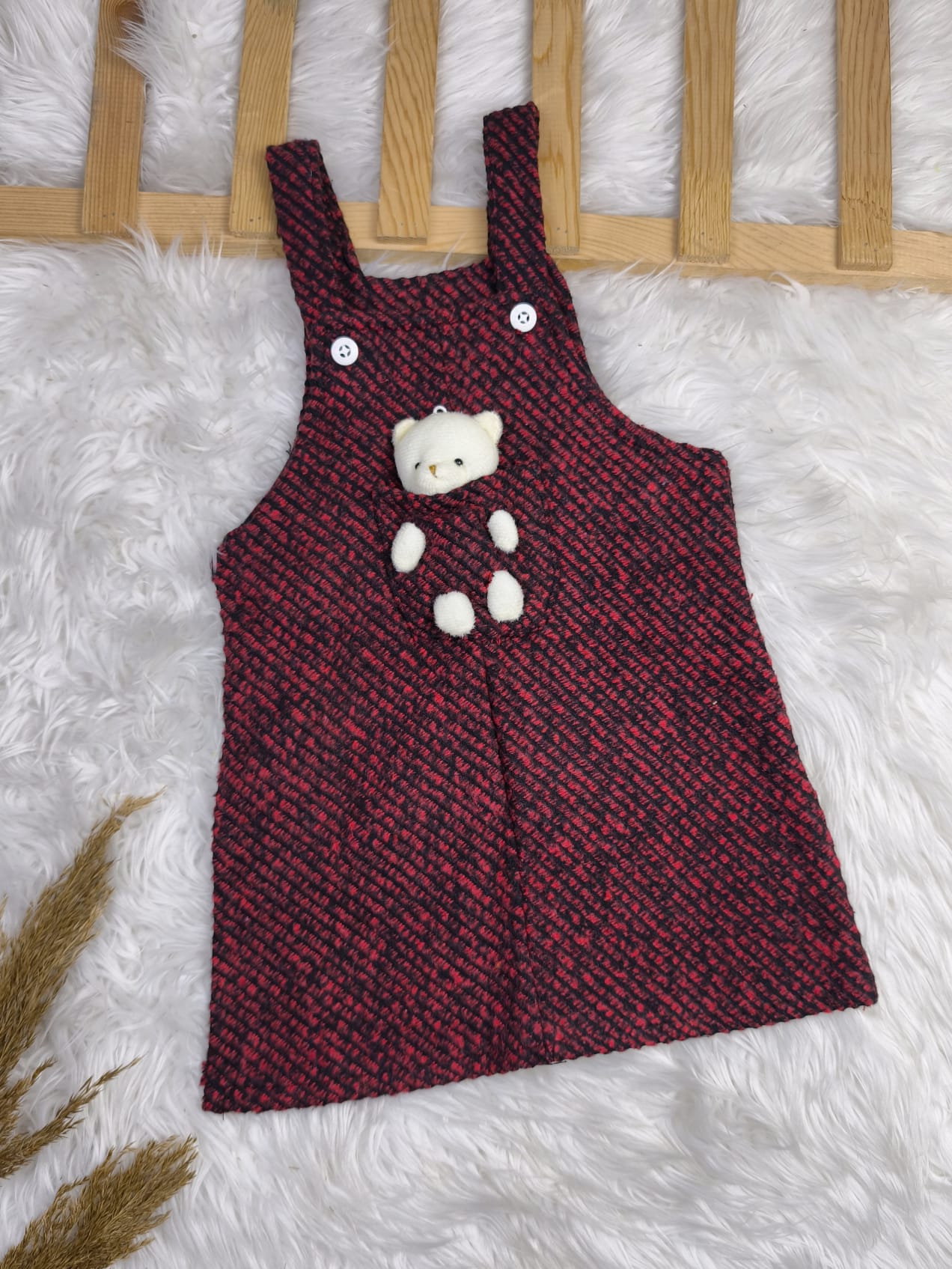 9507 AYICIK OYUNCAKLI ÇİZGİLİ KAŞE KIŞLIK ELBİSE  - 1-2 yaş