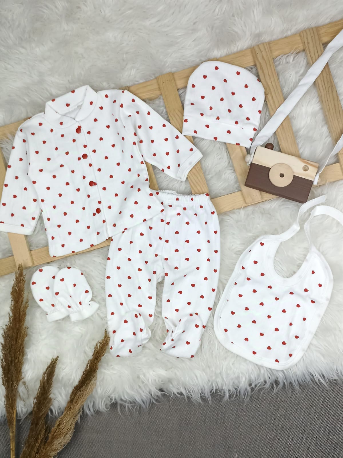 ZBN-2443 KALP DESEN RAPOR KUMAŞLI 5'Lİ HASTANE ÇIKIŞI SETİ  - 0-3 Ay