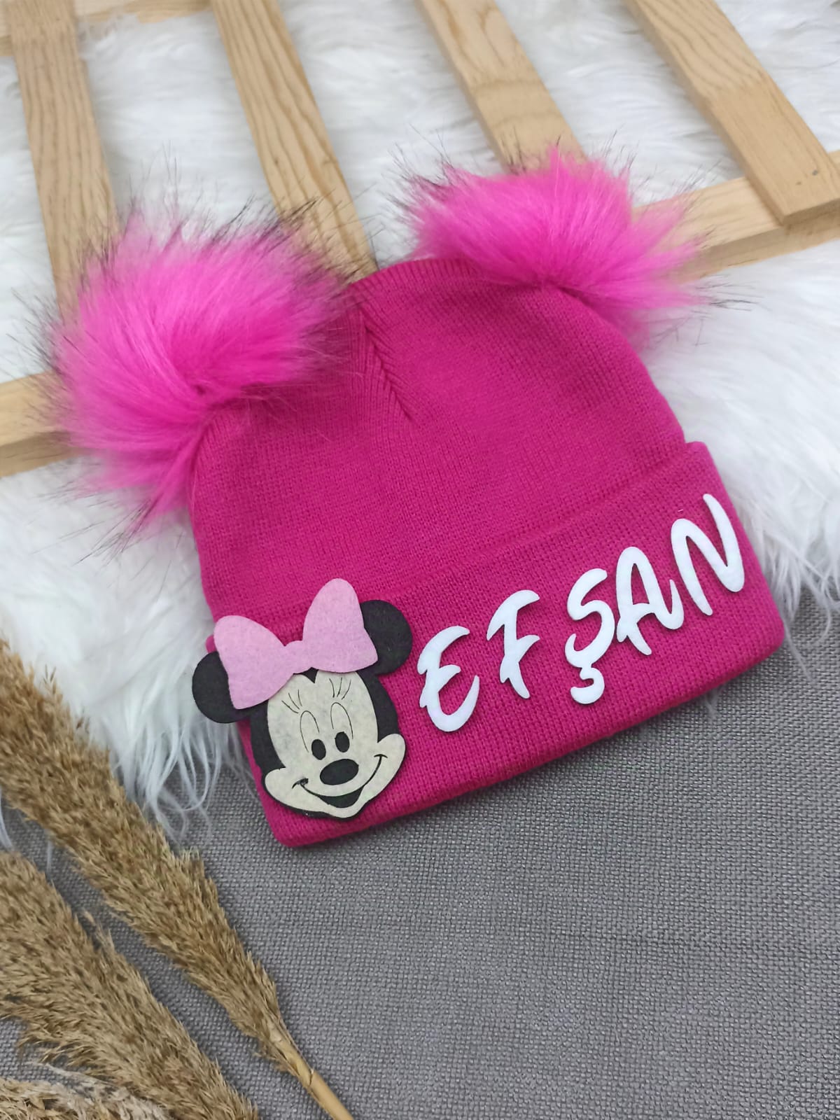 B0313 FUŞYA PONPON İSME ÖZEL TRİKO BERE  - 2