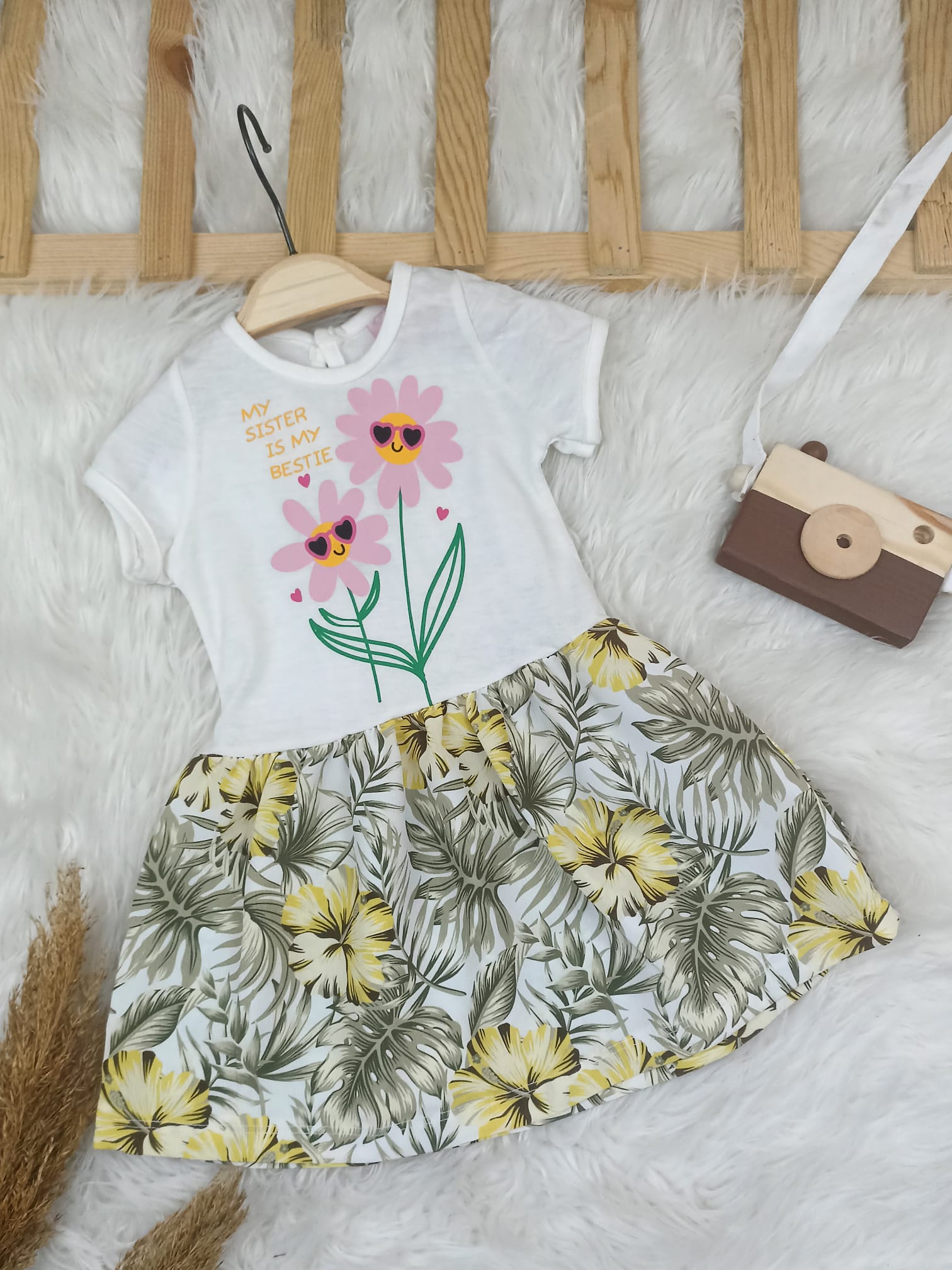 4447 ÇİÇEK DESEN PENYE ELBİSE  - Yeşil / 9-12 Ay