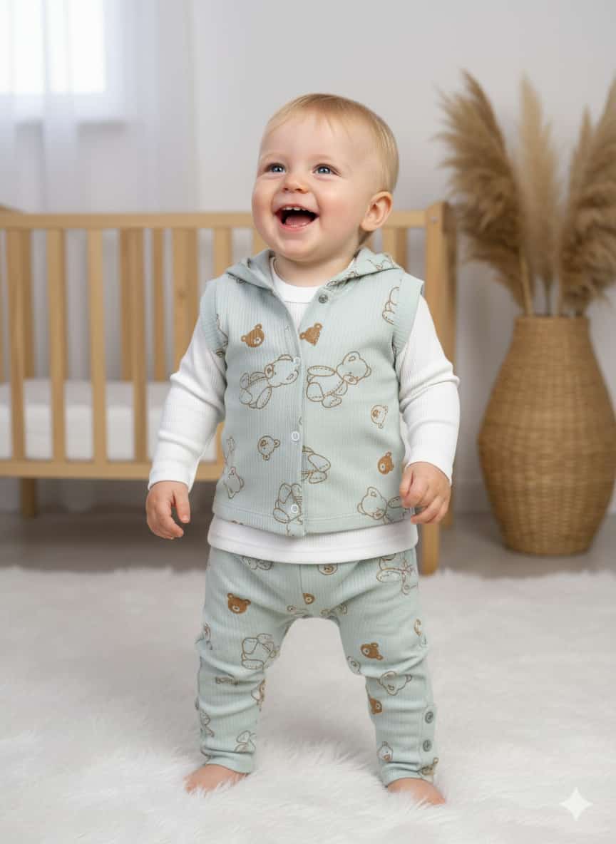 1903 AYICIK KAPŞONLU YELEKLİ 3'LÜ TAKIM  - 9-12 Ay