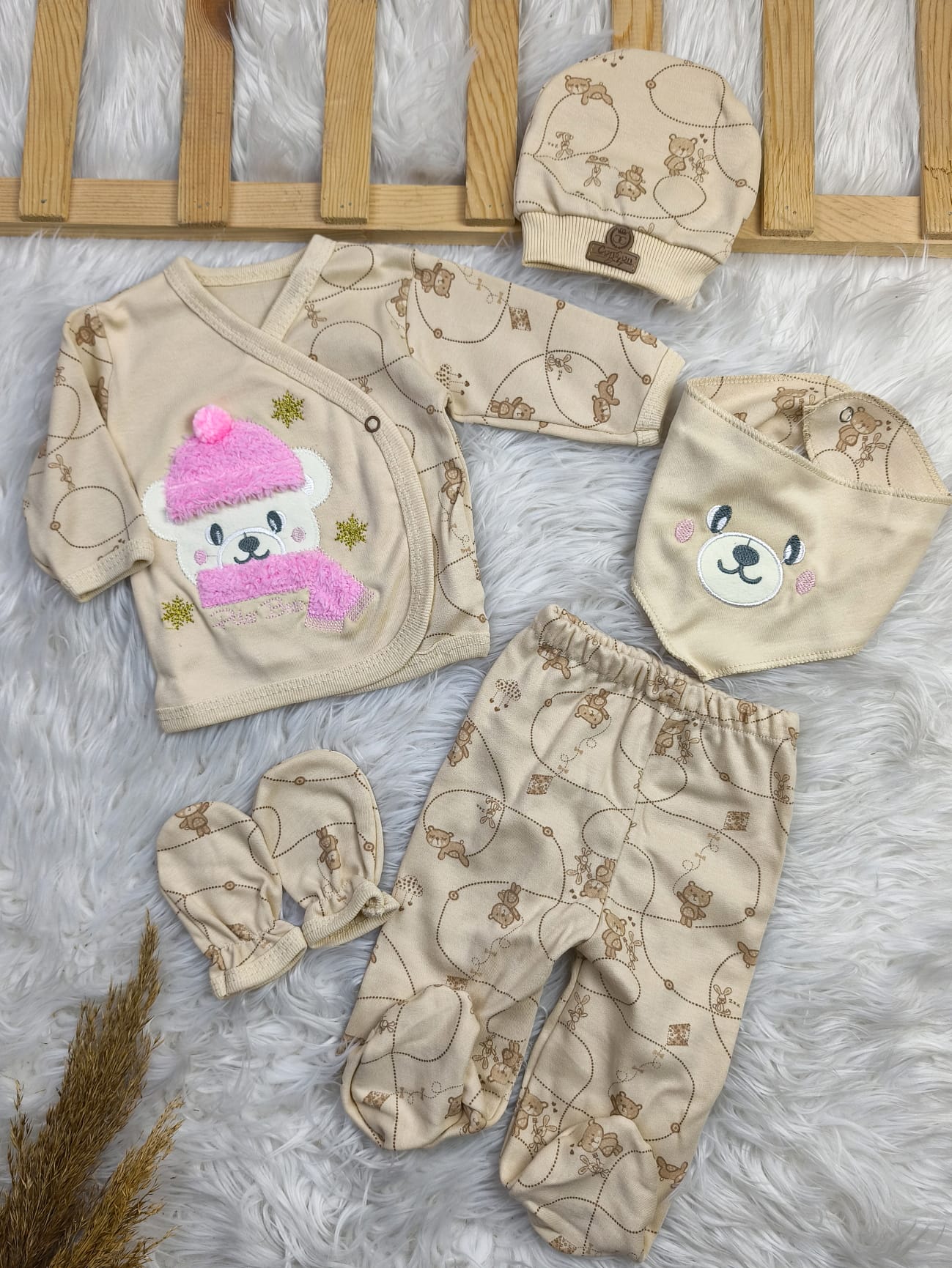 390554 ATKILI AYI ORGANİK LÜX 5'Lİ HASTANE ÇIKIŞI SETİ  - Pembe