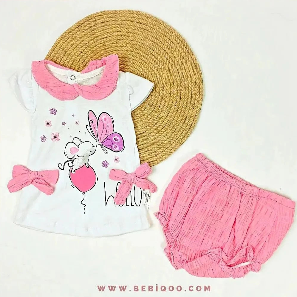 TKM-1857 Fare Kelebek Baskılı Külotlu Takım  - Pembe / 6-9