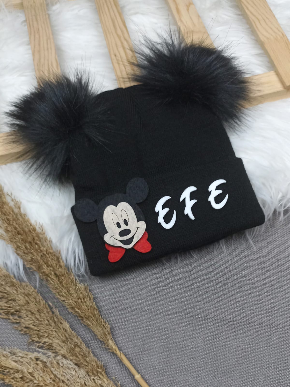 B0315 SİYAHA SİYAH  ERKEK PONPON İSME ÖZEL TRİKO BERE - 4