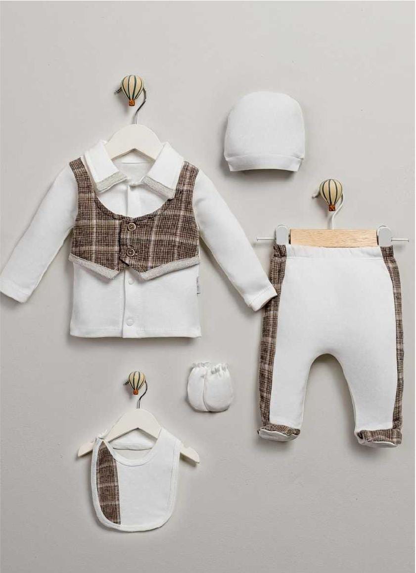 423924 KARE DESENLİ YELEKLİ 5'Lİ HASTANE ÇIKIŞI SETİ - 0-3 Ay