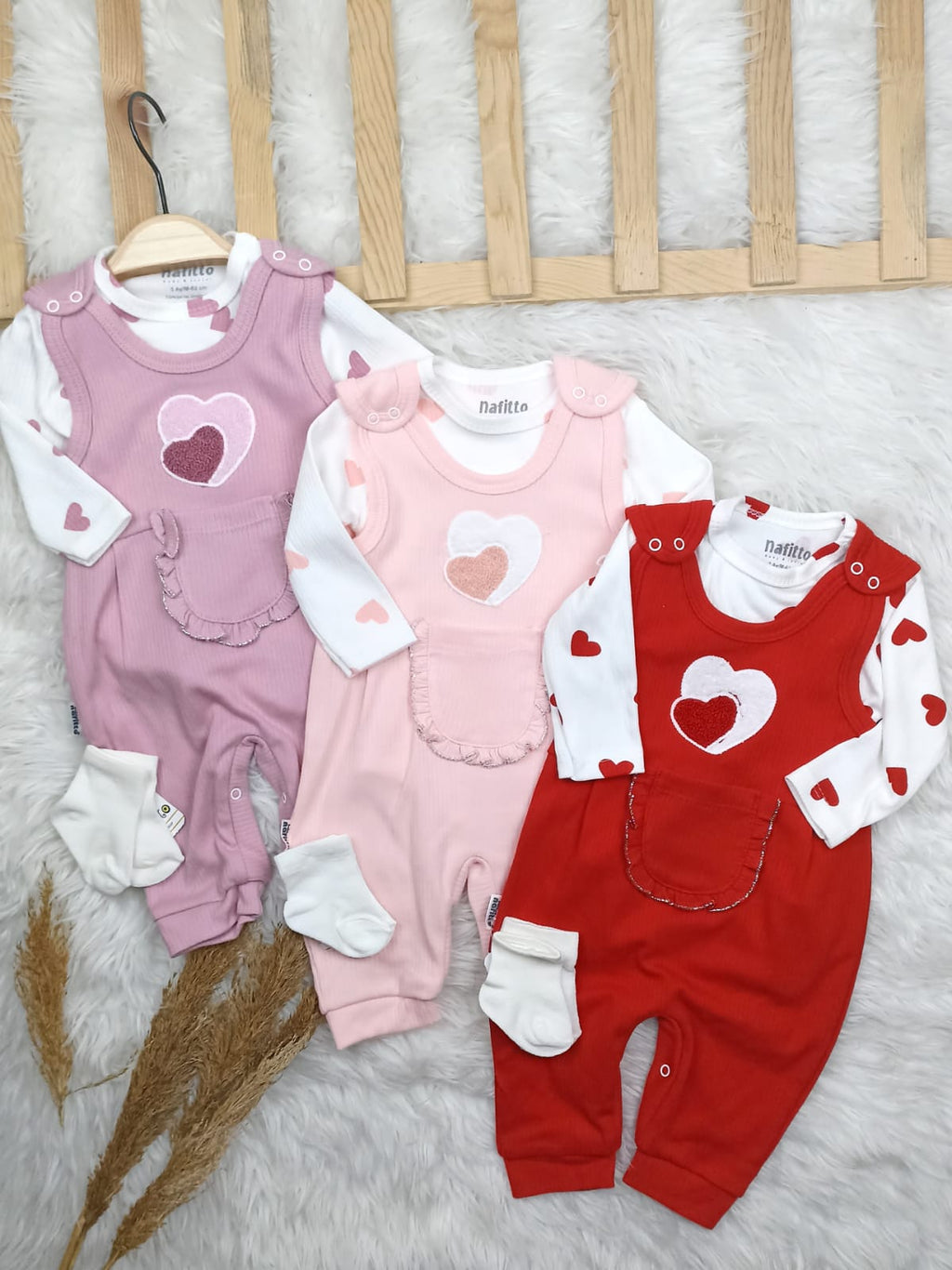 1457 KALP NAKIŞLI ÖNDEN CEPLİ SLOPET TULUM SETİ  - Kırmızı / 6-9 Ay