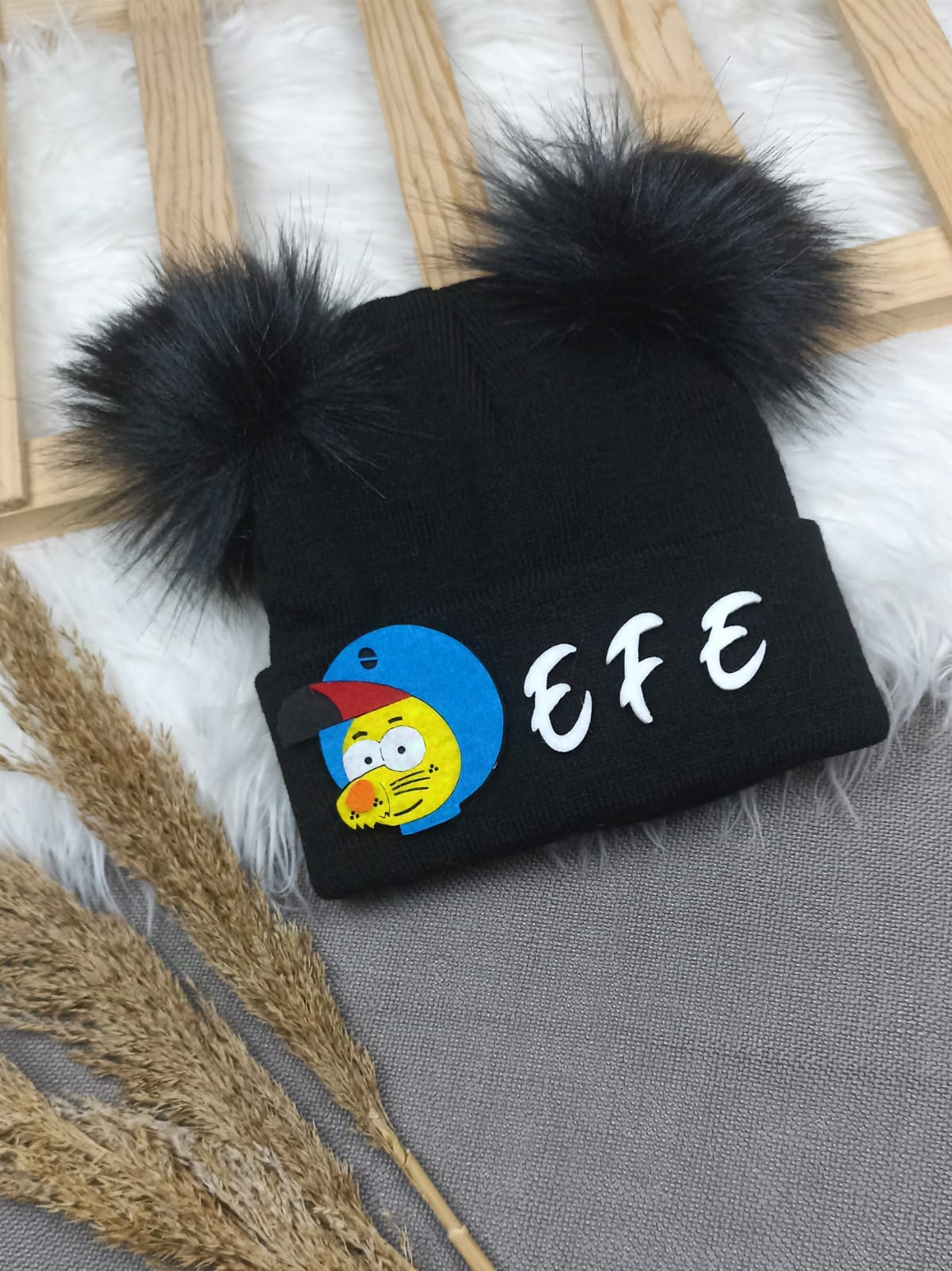 B0315 SİYAHA SİYAH  ERKEK PONPON İSME ÖZEL TRİKO BERE - 1