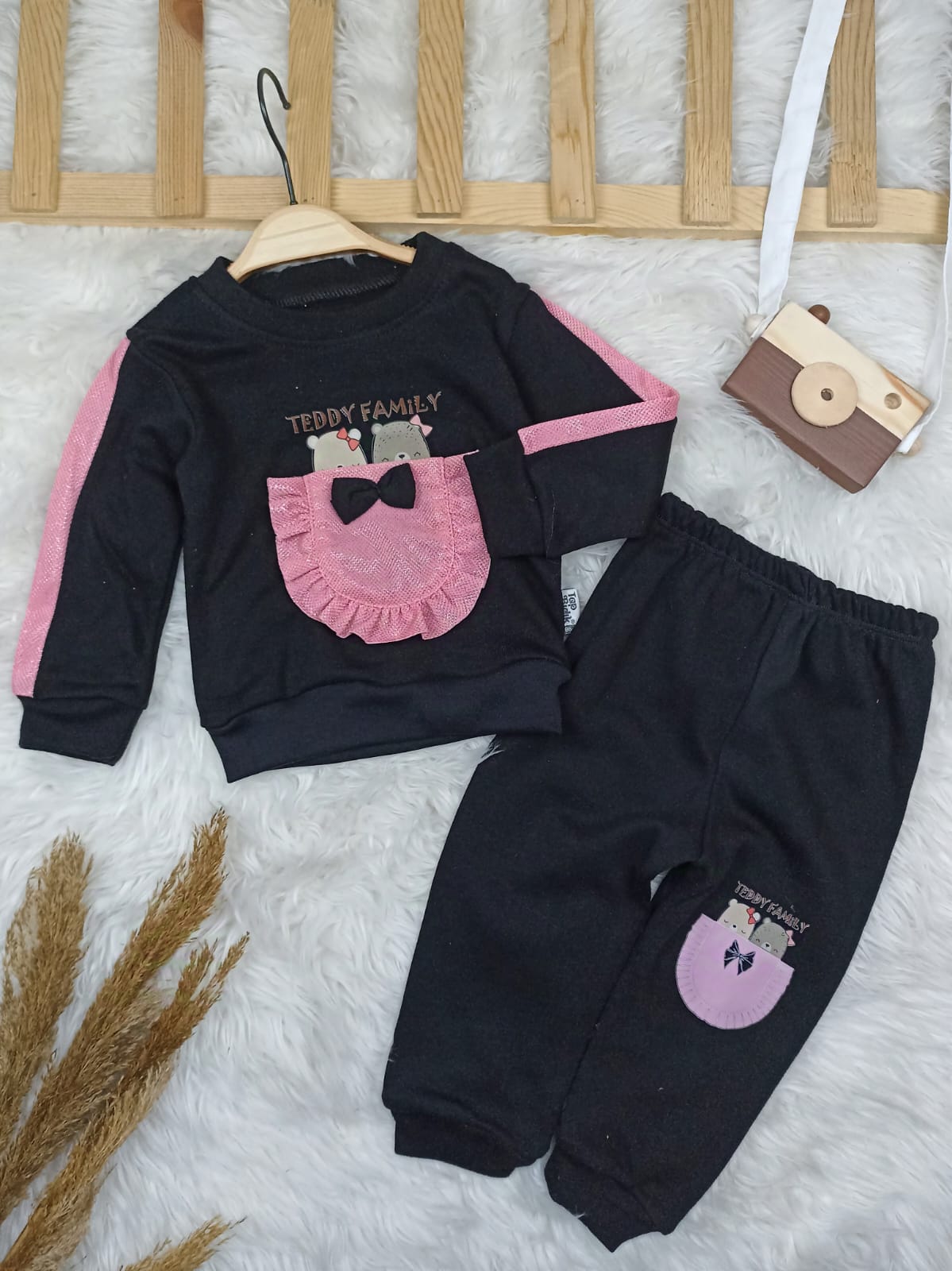 4310 TEDYY KANGURU CEP MEVSİMLİK KIZ TAKIM  - bej / 3 Yaş