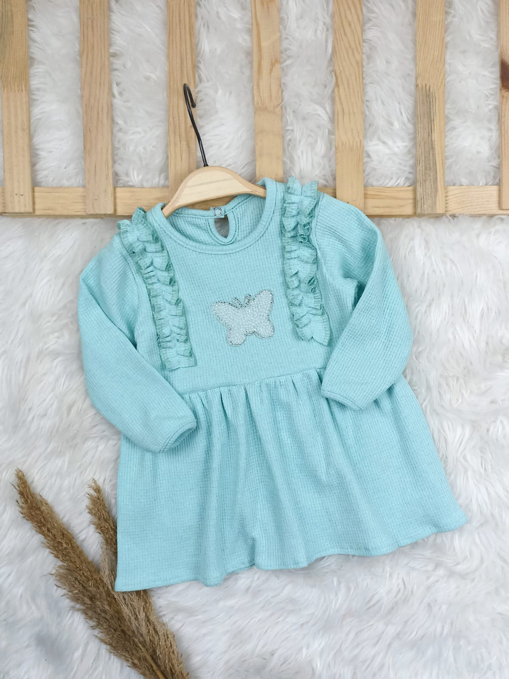 9525 WAFFLE KUMAŞ KELEBEK ELBİSE  - Pembe / 3 Yaş