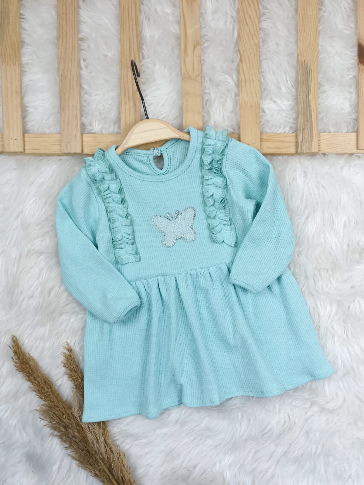 9525 WAFFLE KUMAŞ KELEBEK ELBİSE  - Pembe / 3 Yaş