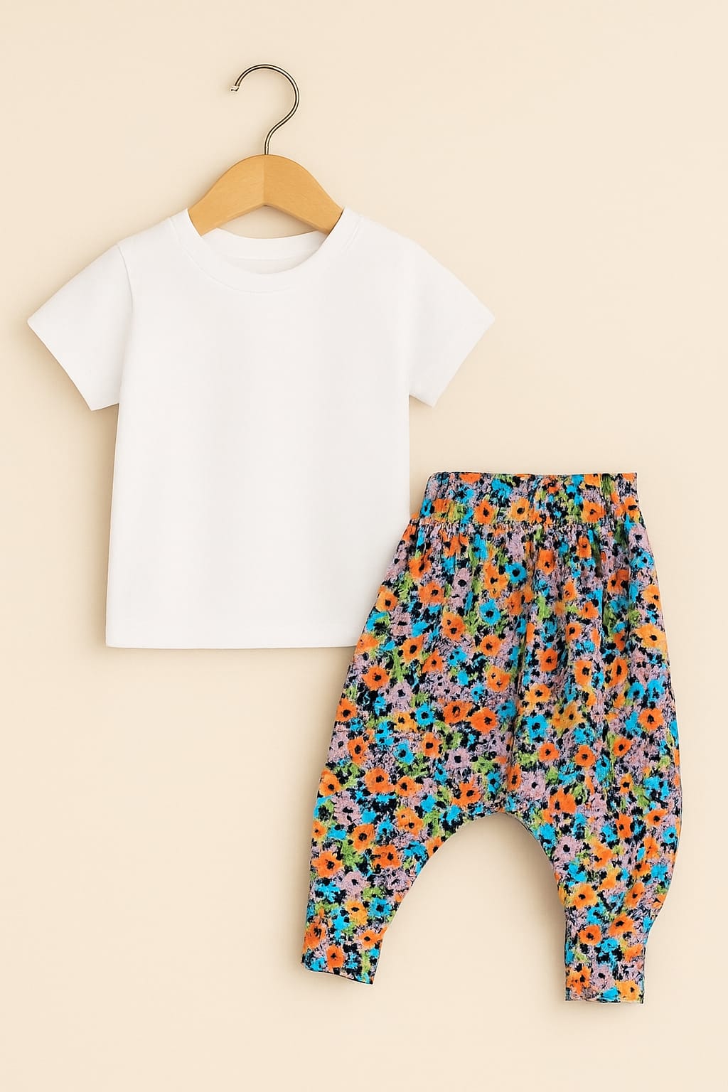 Kız Çocuk  Çiçek Desen Rahat Kullanım Pamuk Kumaş Şalvar  - Beyaz / 1 Yaş