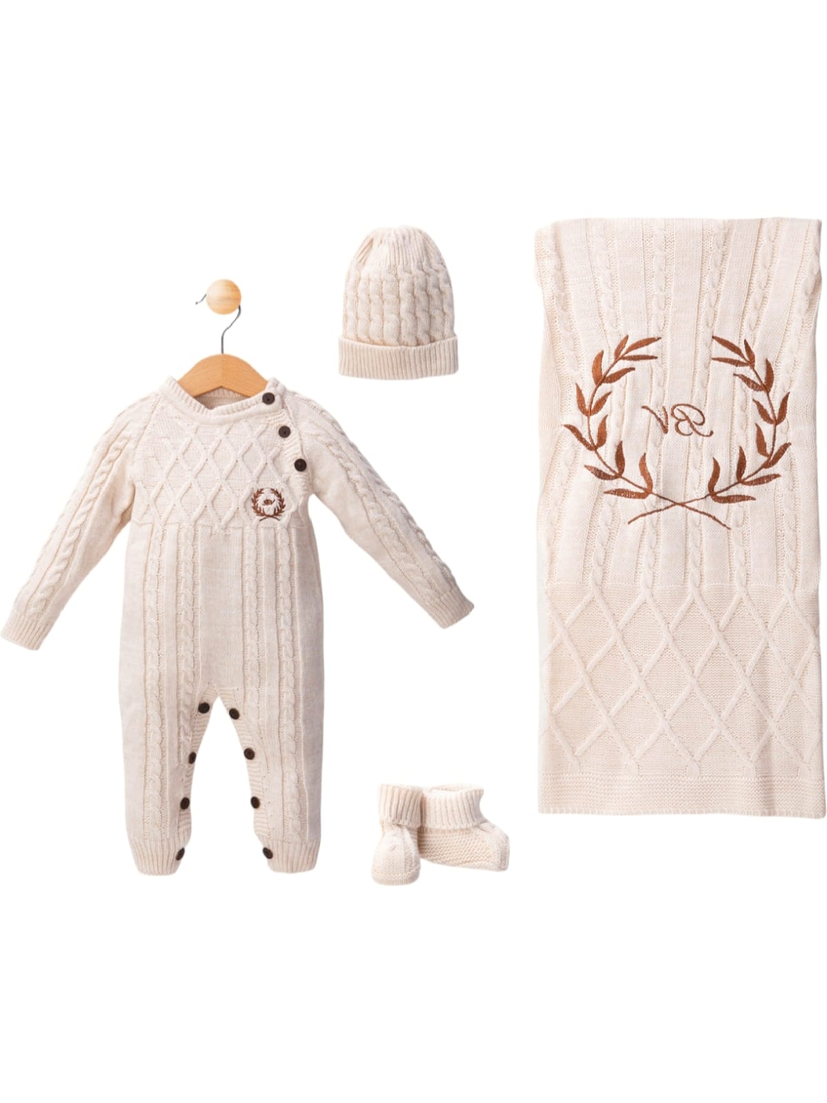 437717 ERKEK BEBEK BV ÇELENK NAKIŞLI TRİKO TULUMLU SET  - bej / 3-6 Ay