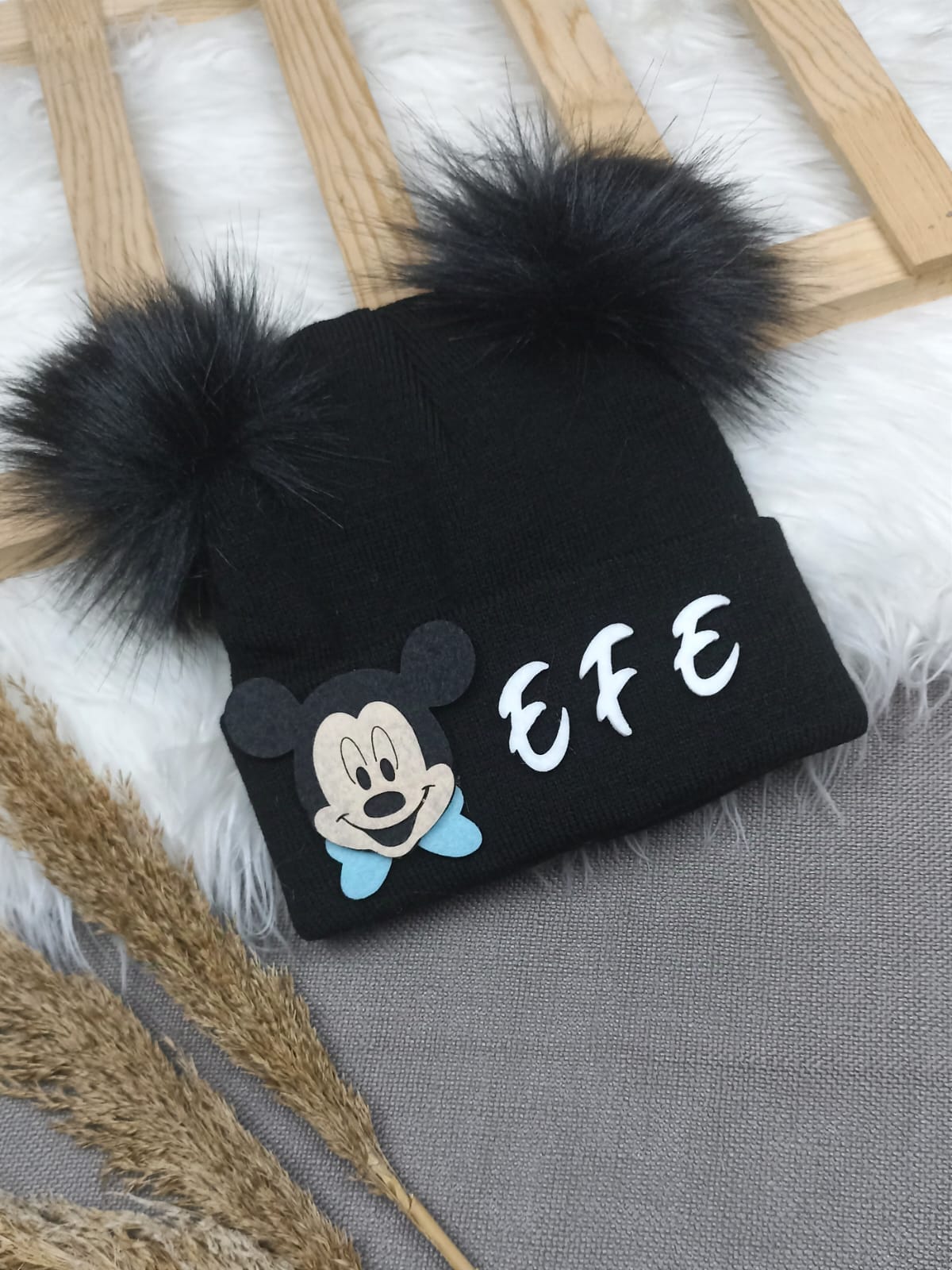 B0315 SİYAHA SİYAH  ERKEK PONPON İSME ÖZEL TRİKO BERE - 3