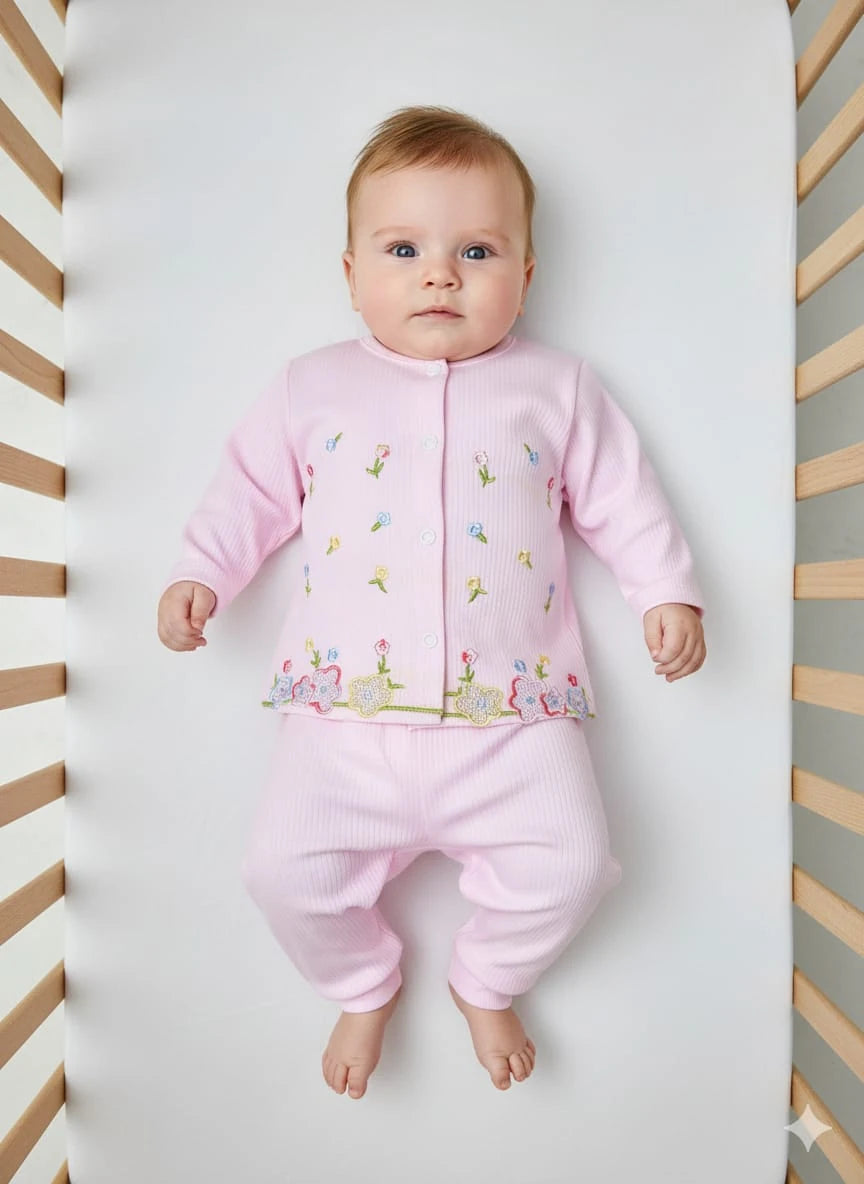 1922 ÇİÇEK NAKIŞ DETAYLI ÖNDEN ÇITÇITLI TAKIM  - Pembe / 0-3 Ay