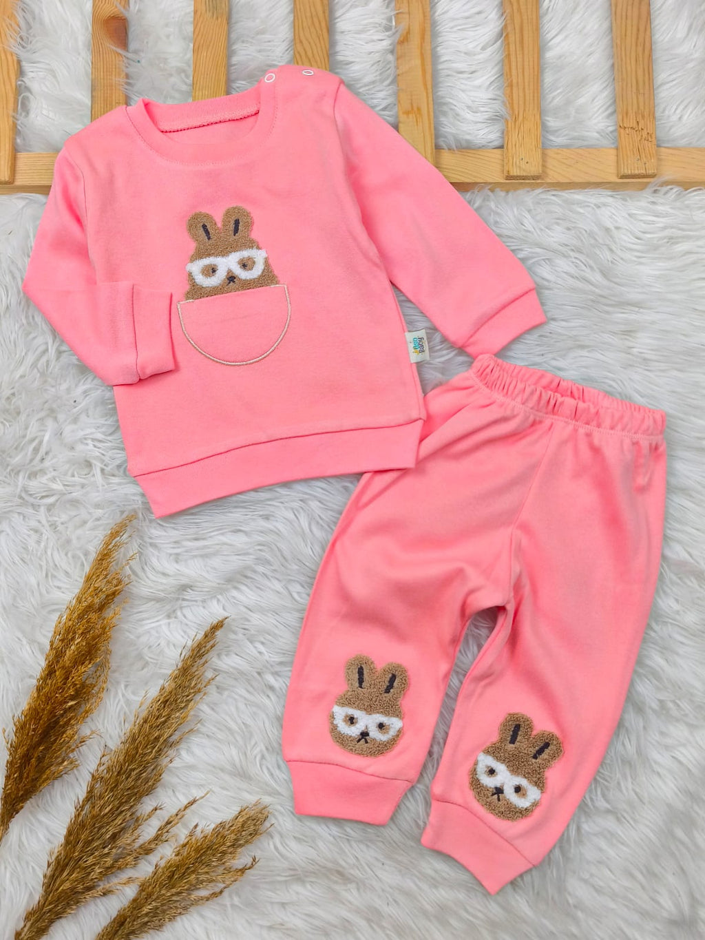 1944 GÖZLÜKLÜ TAVŞAN PUNCH NAKIŞLI TAKIM - Somon / 9-12 Ay