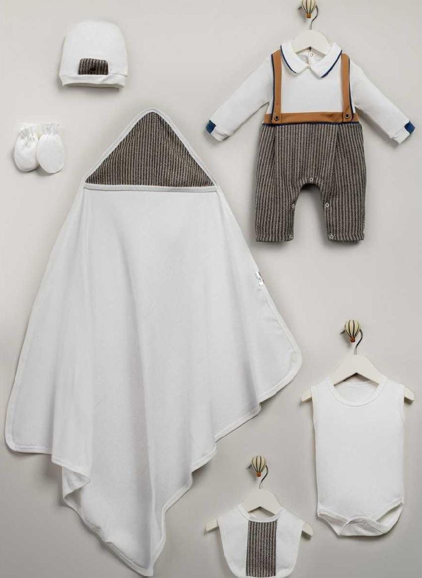 421231 DOKUMA GARNİKIL BİYELİ 7'Lİ HASTANE ÇIKIŞI SETİ  - Kahve / 0-3 Ay