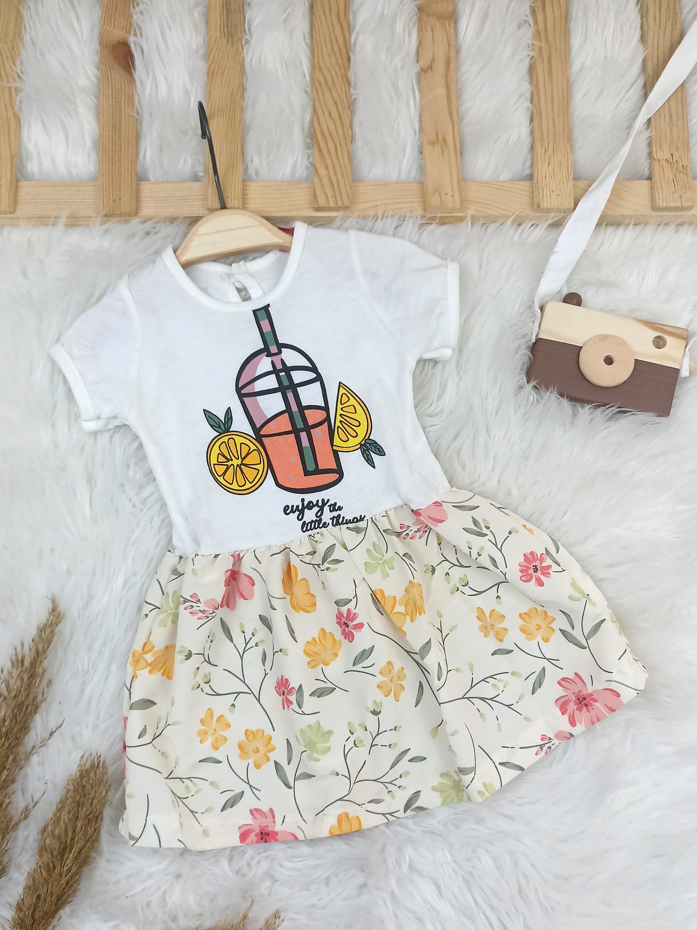 4449 İÇECEK - ÇİÇEK DESEN PENYE ELBİSE  - Turuncu / 18-24 Ay