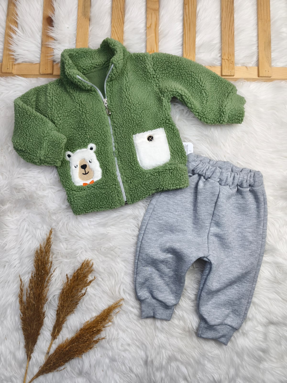 1880 AYICIK NAKIŞLI FERMUARLI WELSOFT KIŞLIK TAKIM  - Yeşil / 6-9 Ay