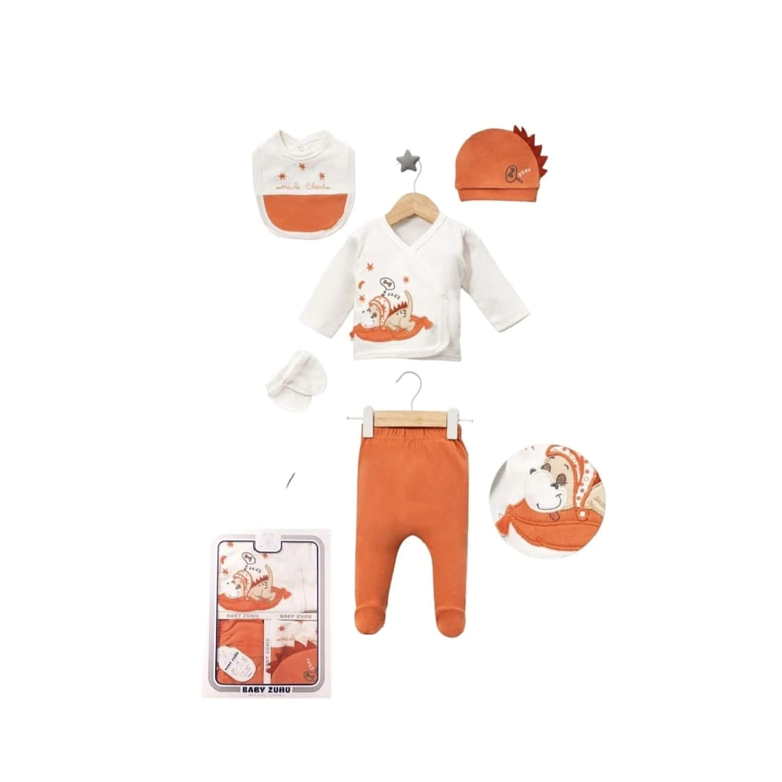 421718 DİNO NAKIŞLI ERKEK BEBEK 5'Lİ HASTANE ÇIKIŞI SETİ - Kiremit / 0-3 Ay